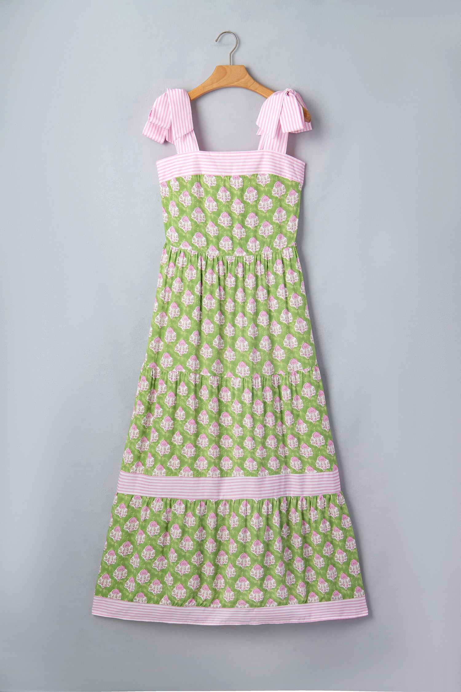 Green Floral Print Striped Detail Knot Straps Maxi Dress