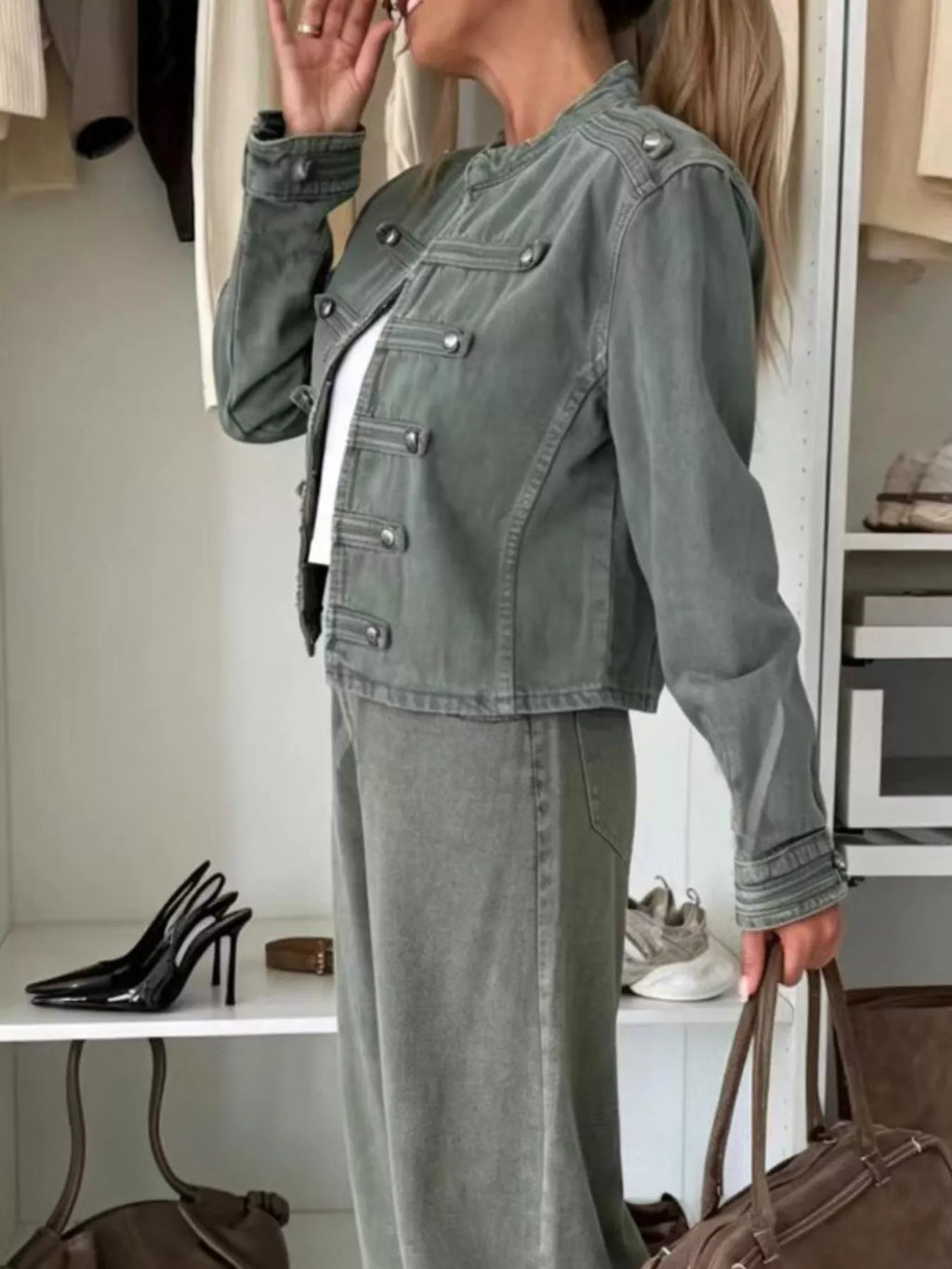 Decorative Button Cropped Denim Jacket