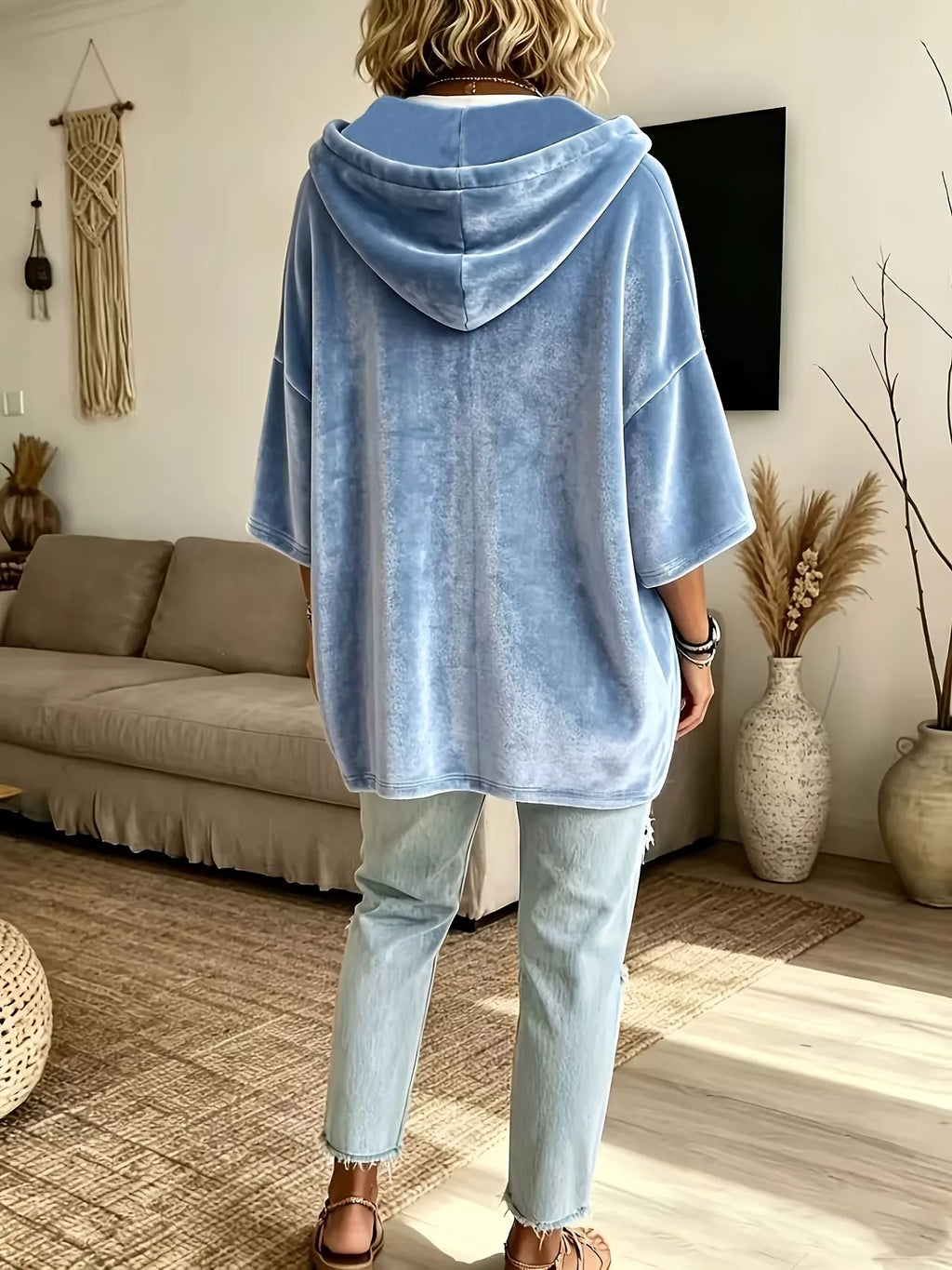 Full Size Velvet Button Detail Drawstring Hoodie Plus Size