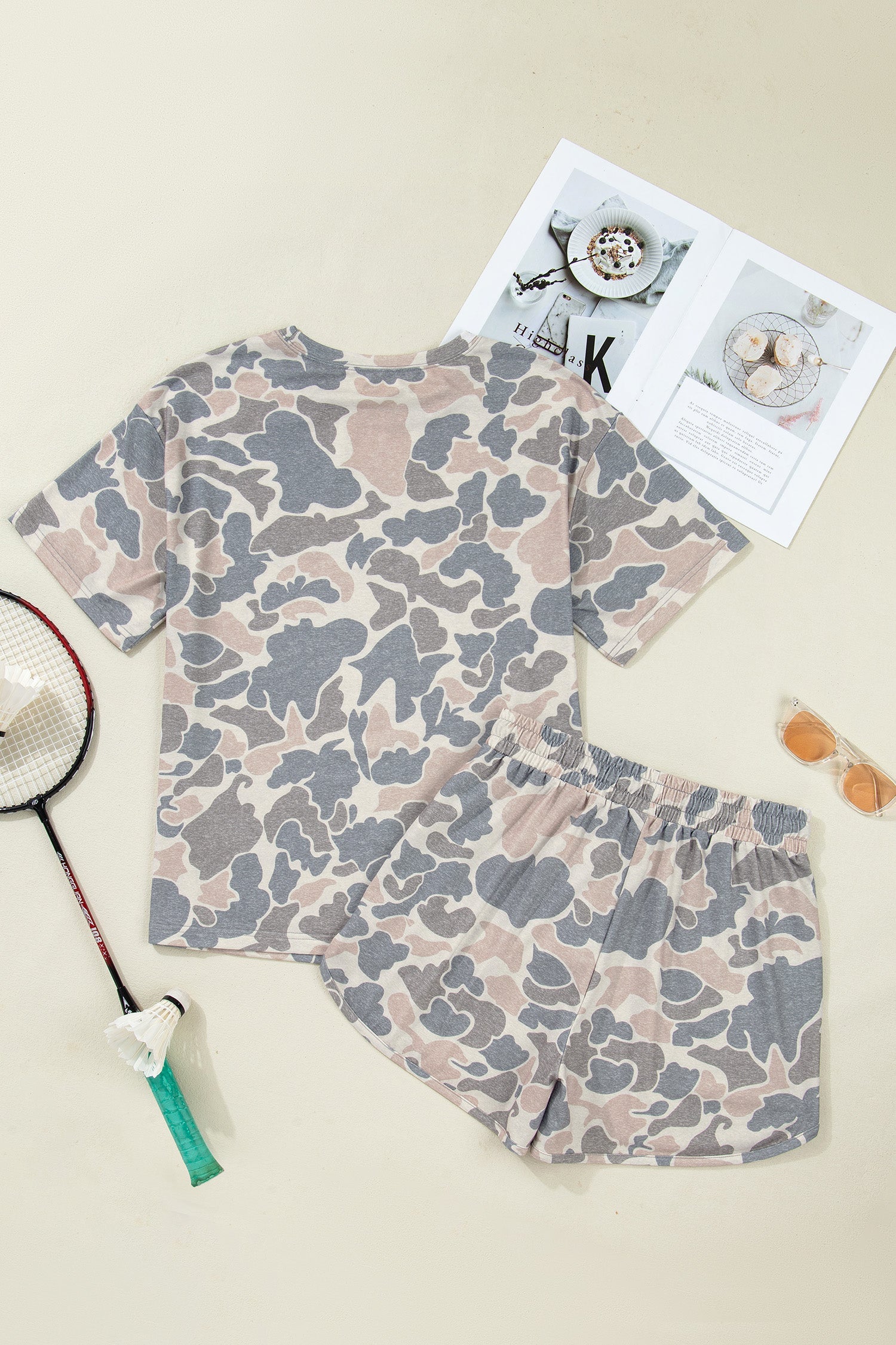 Multicolour Camouflage Loose Tee Drawstring Shorts 2pcs Outfit
