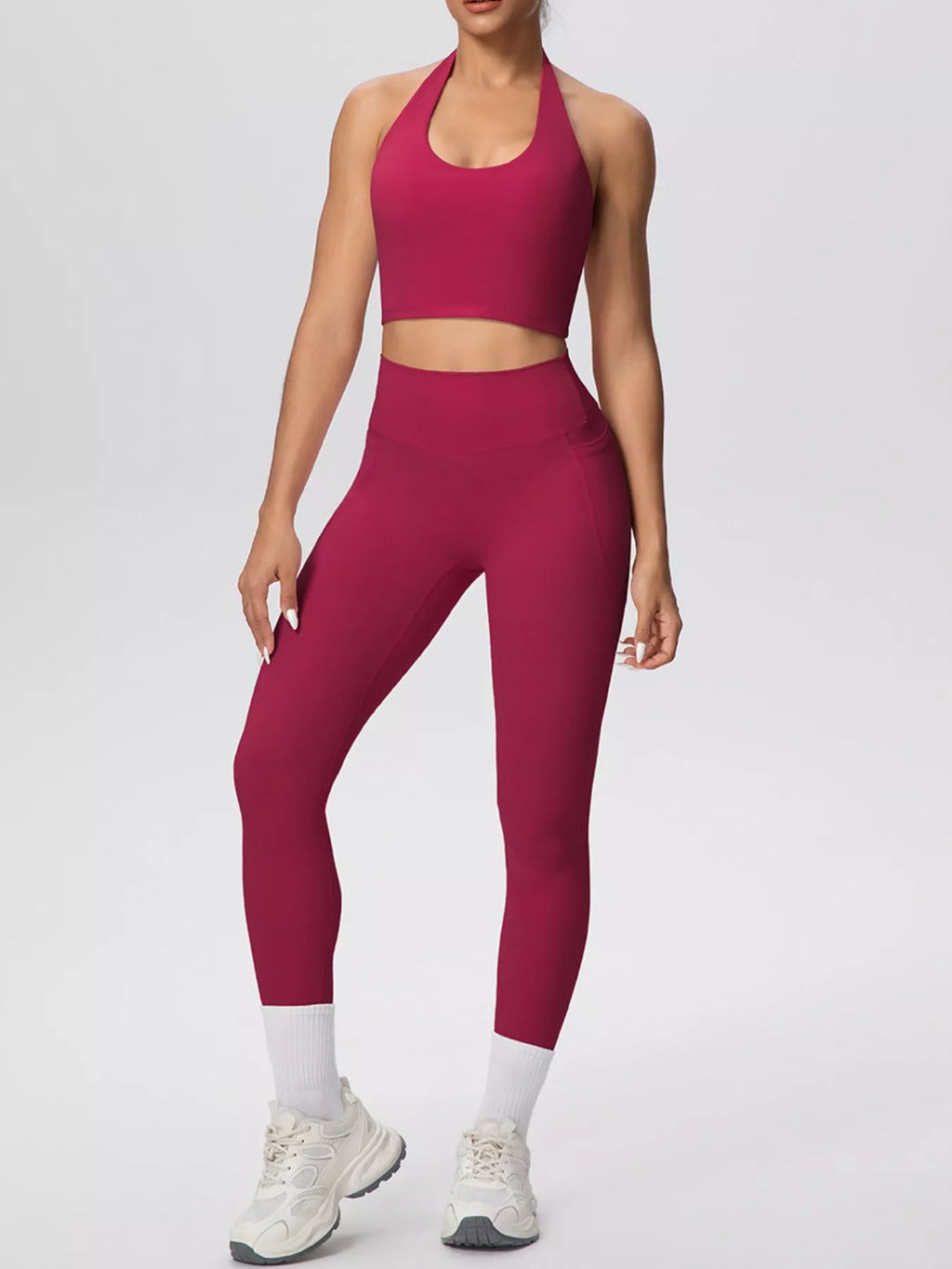 Halter Neck Crop Top and High-Waisted Leggings Active Set