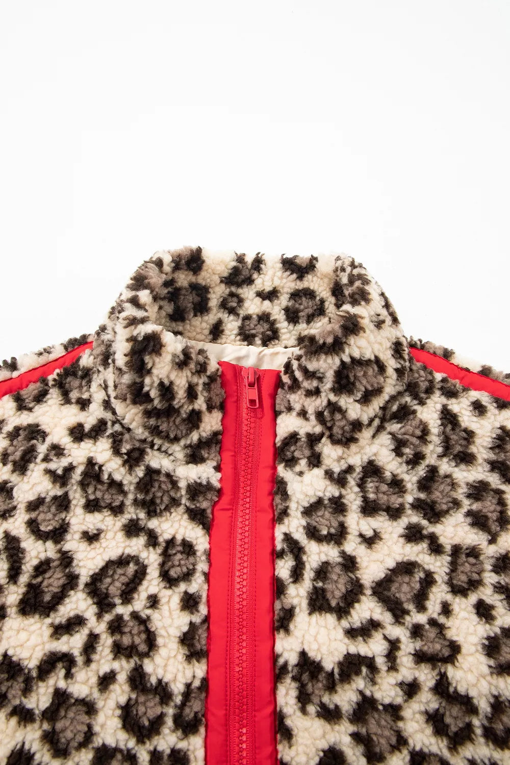 Leopard Print Zip-Up Red Accents Pockets Sweatshirt