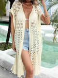 Open Front Short Sleeve Openwork Duster Cover-Up