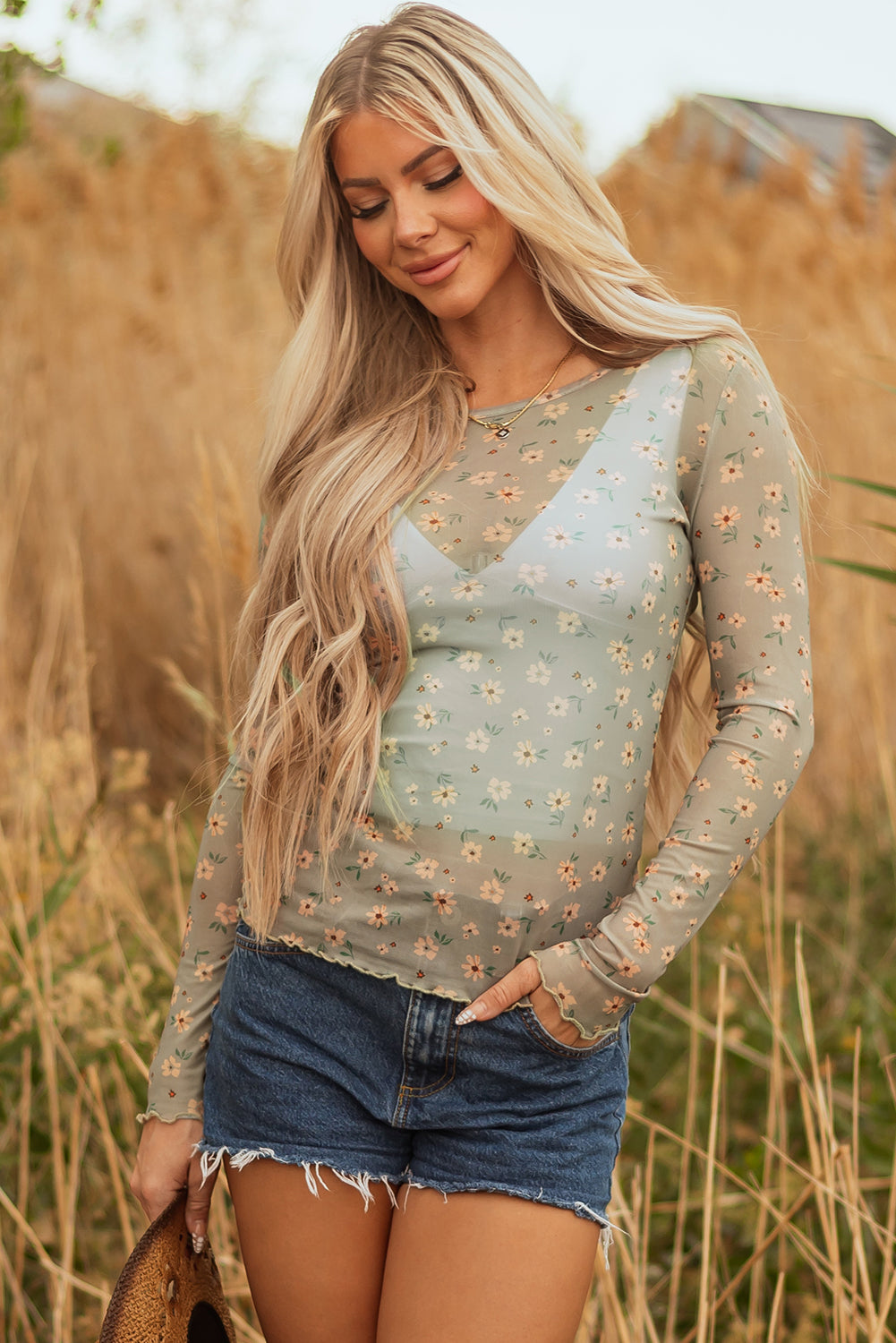 Laurel Green Vintage Floral Print Southern Style Mesh Long Sleeve Top