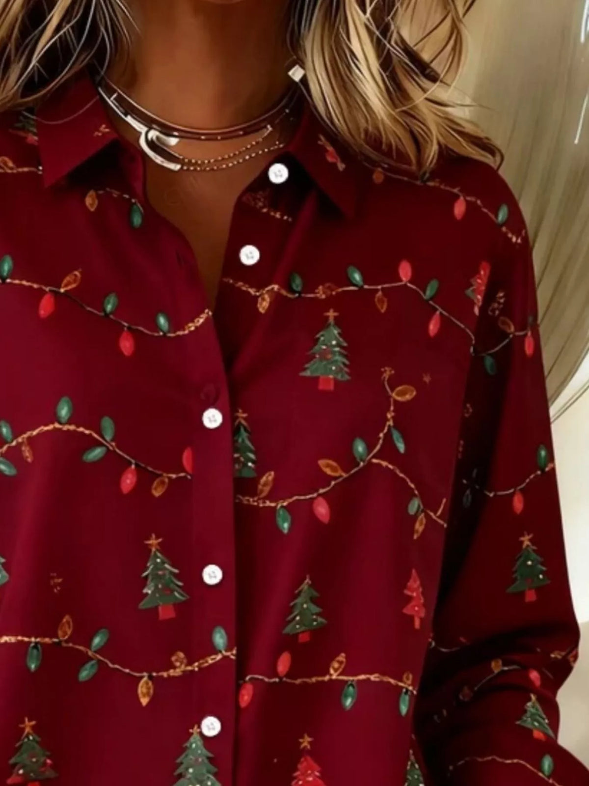 Full Size Christmas Tree Print Long Sleeve Button-Down Shirt Plus Size