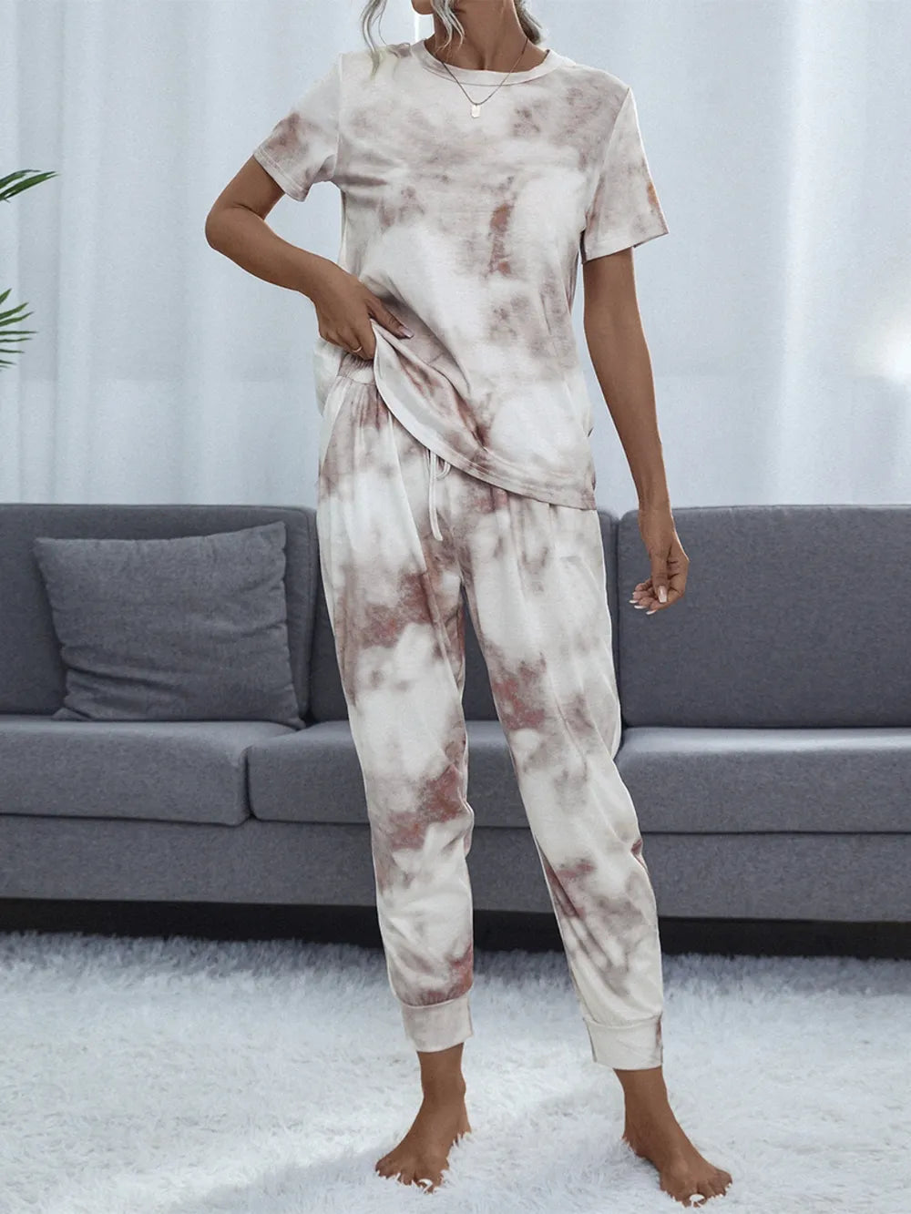 Shiny Tie-Dye Short Sleeve Top and Pants Lounge Set