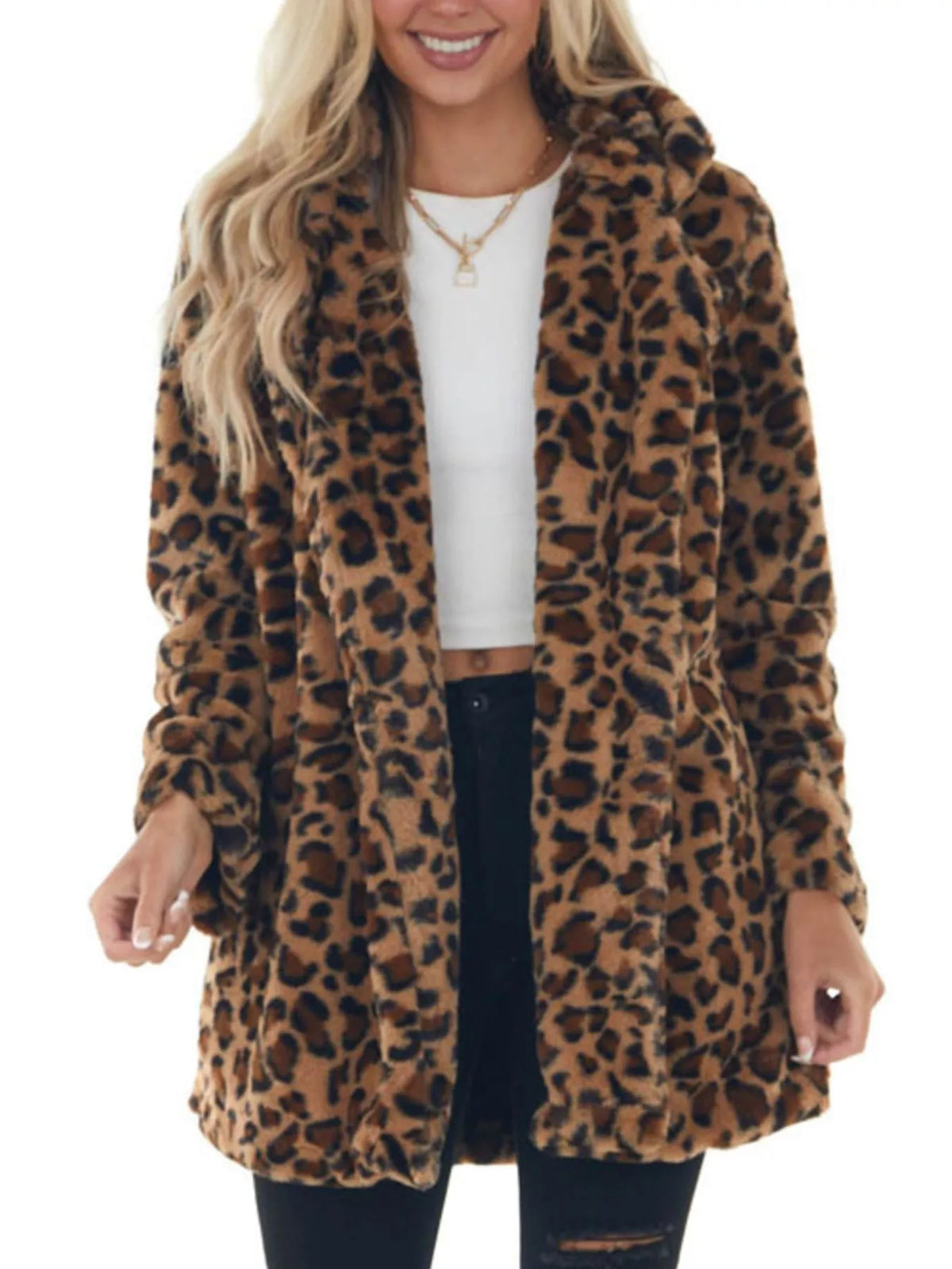 Full Size Leopard Open Front Outerwear Plus Size