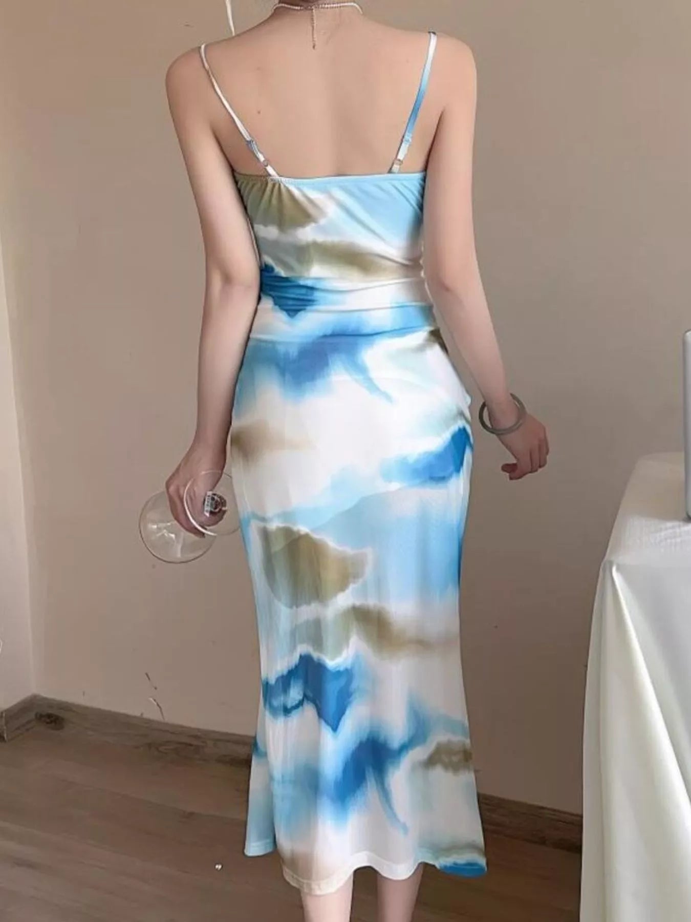 Abstract Watercolor Print Ruched Midi Dress