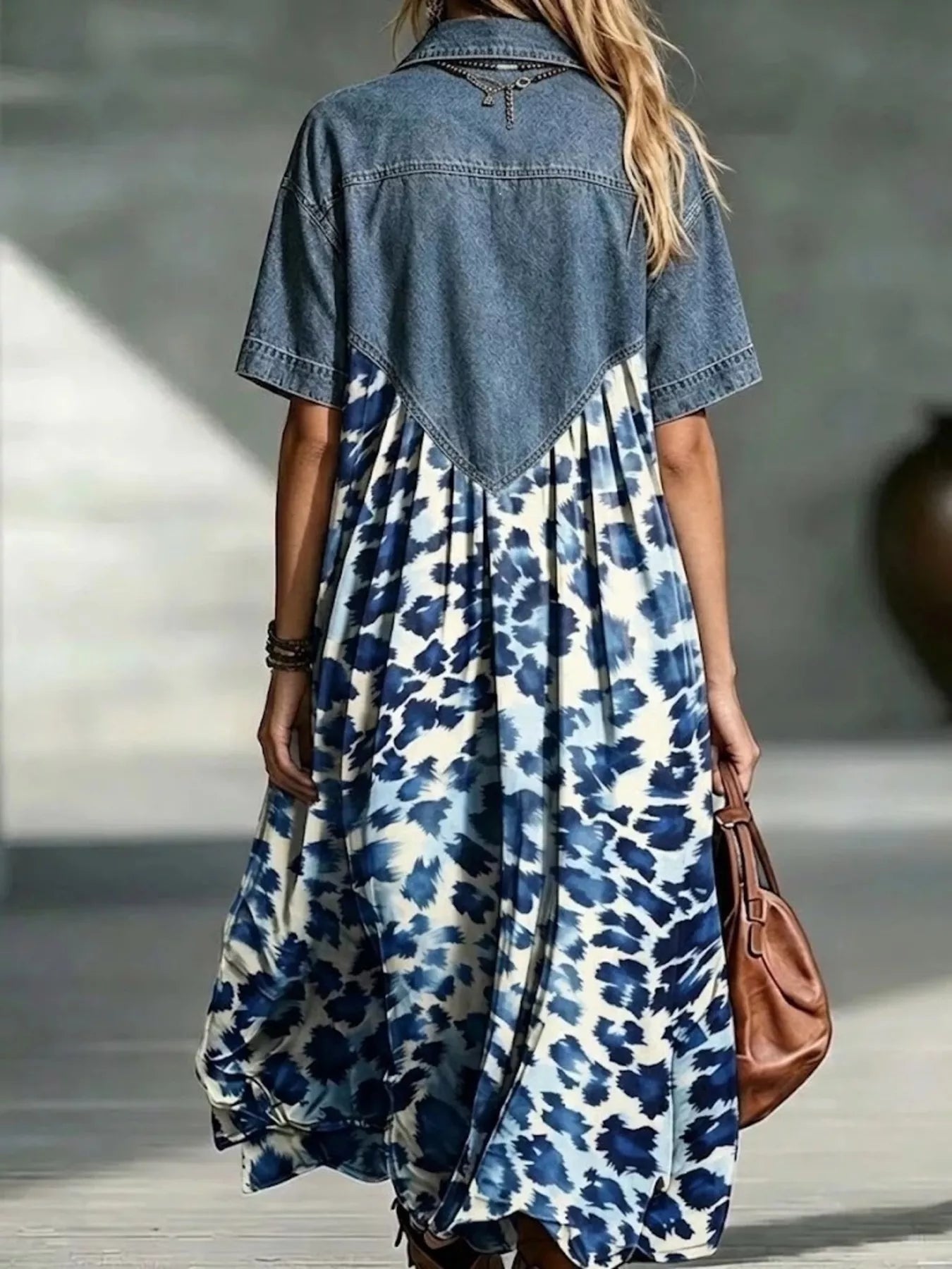 Full Size Denim Patchwork Printed Shirt Dress Plus Size