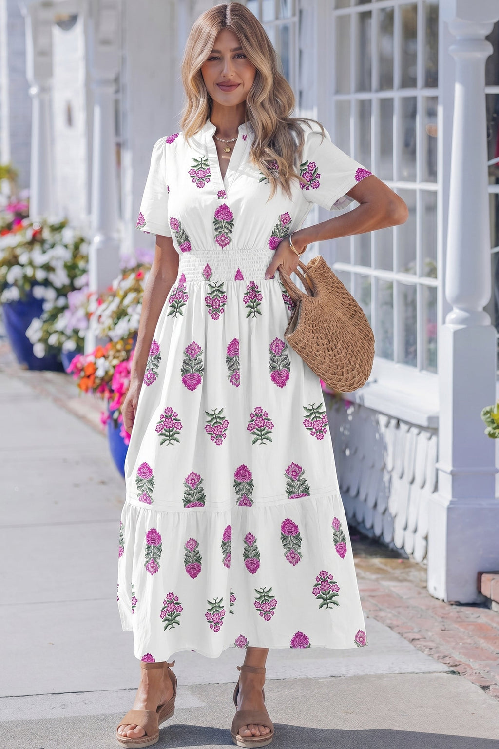 White Floral Print Split Neck Shirred High Waist Ruffle Hem Maxi Dress