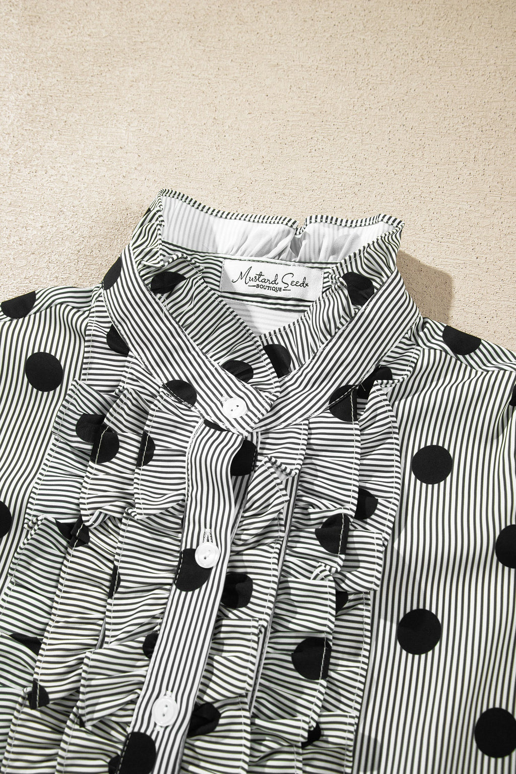 Sky Blue Polka Dot Print Ruffle Stand Neck 3/4 Sleeve Shift Shirt