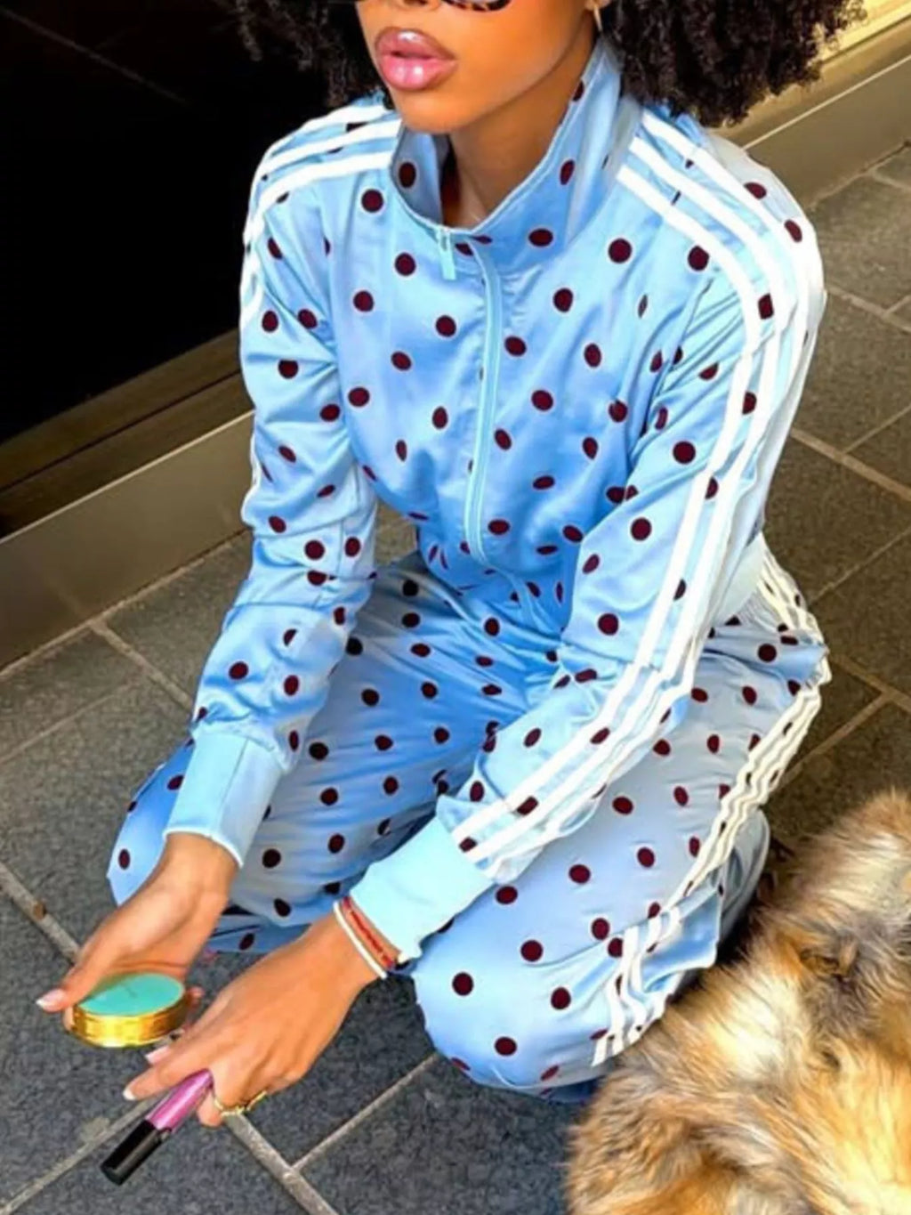 Polka Dot Side Striped Outerwear and Pants Set