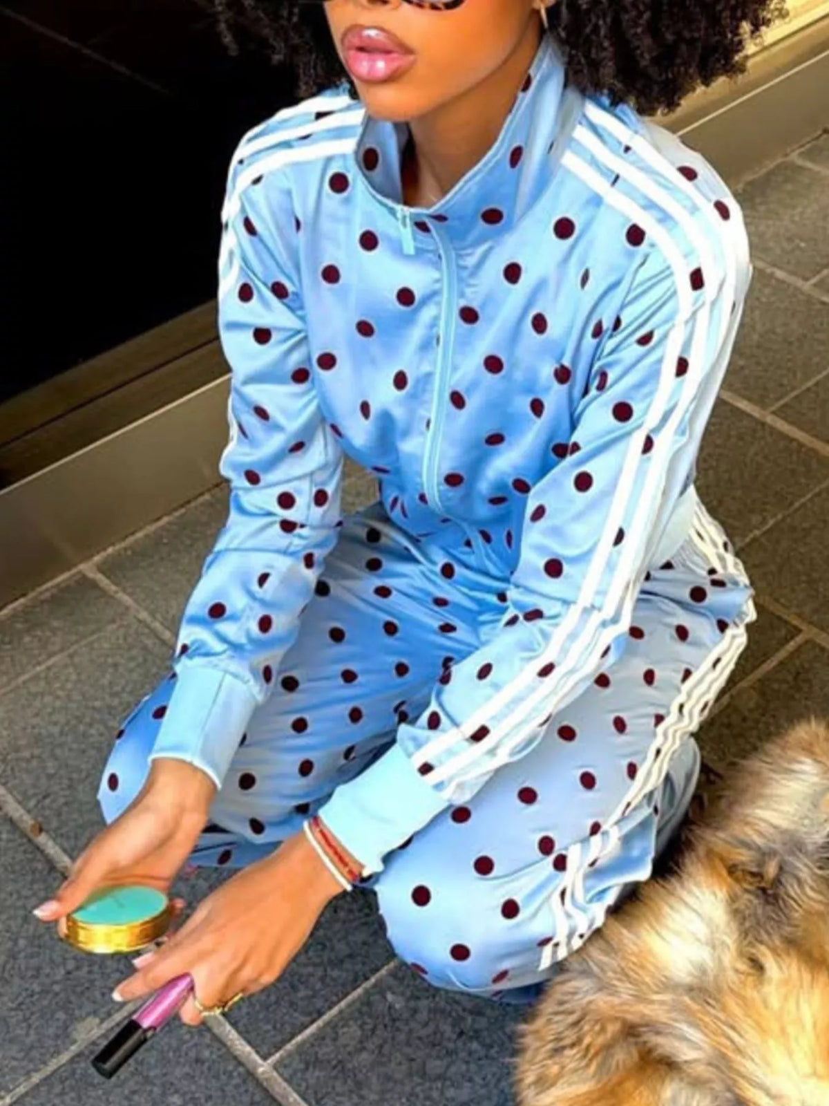 Polka Dot Side Striped Outerwear and Pants Set