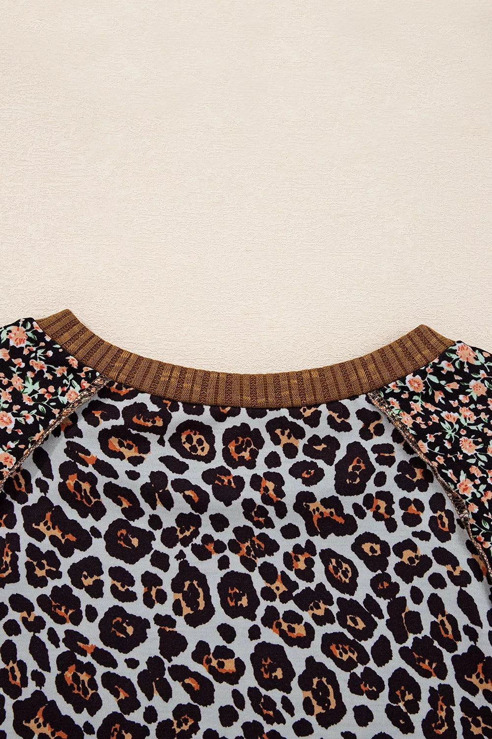 Leopard Floral Print Ribbed Puff Sleeve Patchwork Loose Sweatshirt