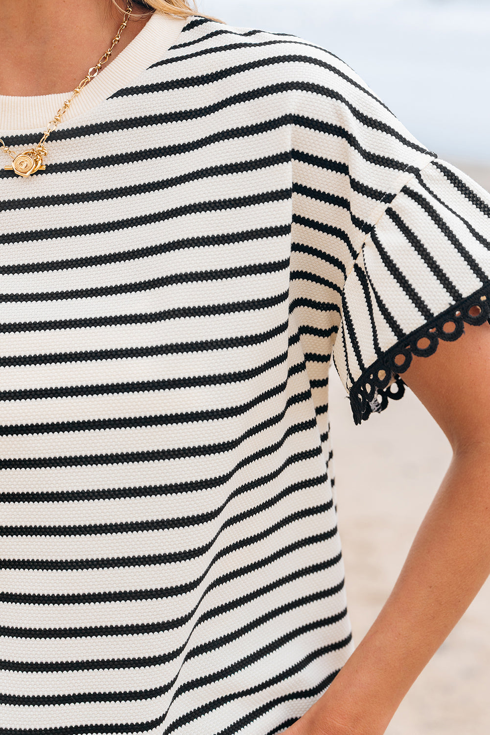 Black Stripe Scallop Lace Trim Ruffle Short Sleeves Crewneck Top