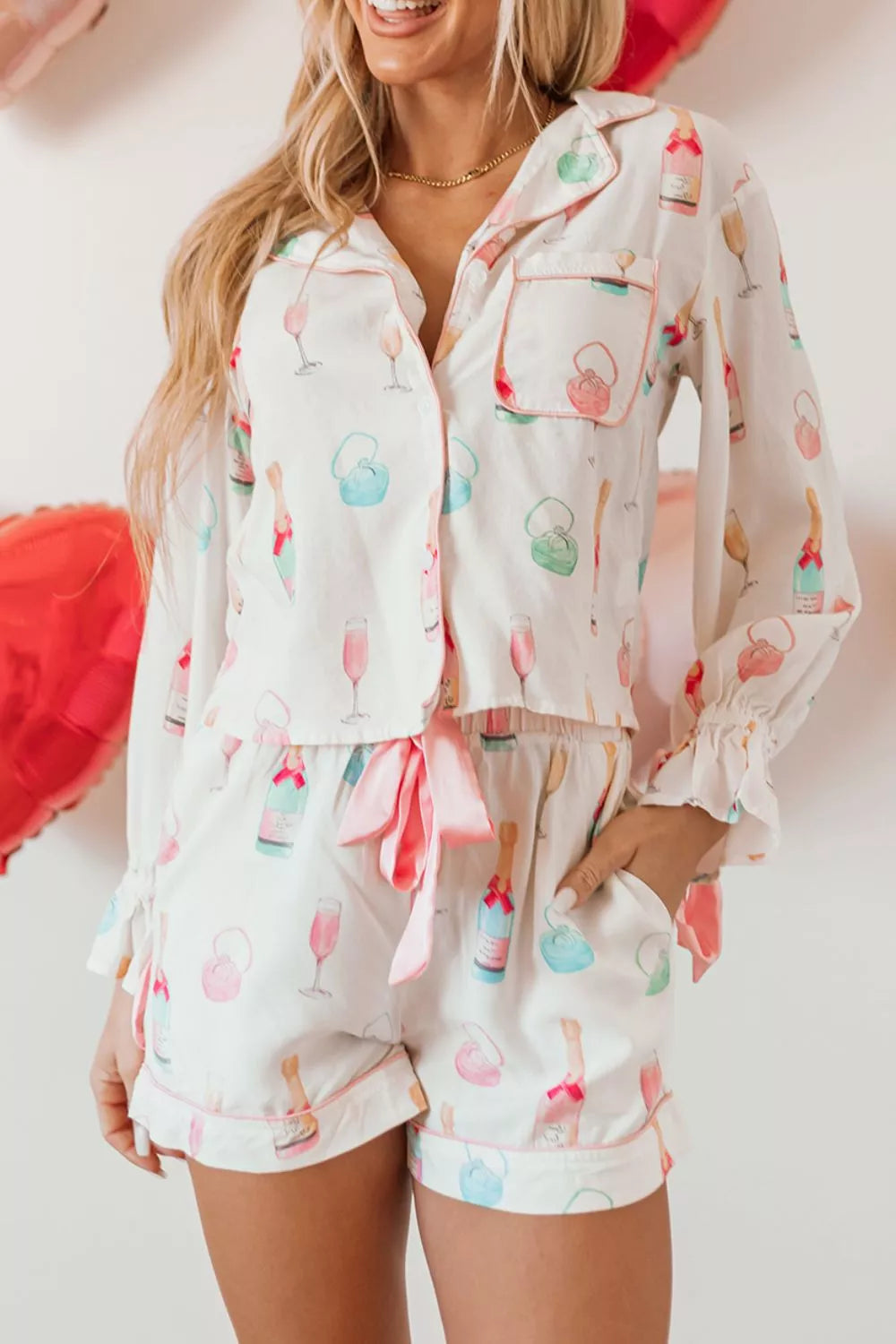 Bow Print Collared Long Sleeve Top and Drawstring Shorts Lounge Set