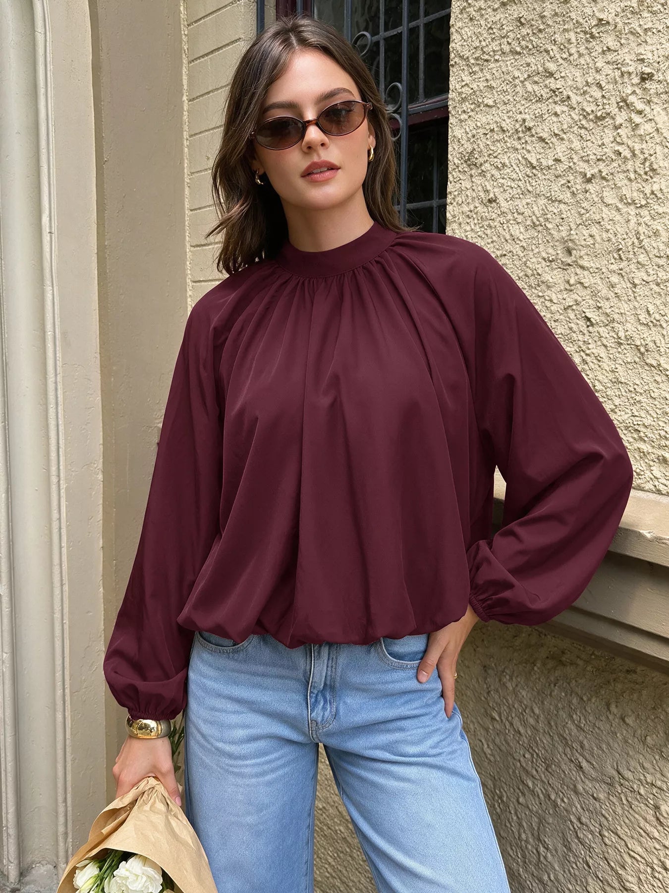 Tie Back Balloon Sleeve Blouse