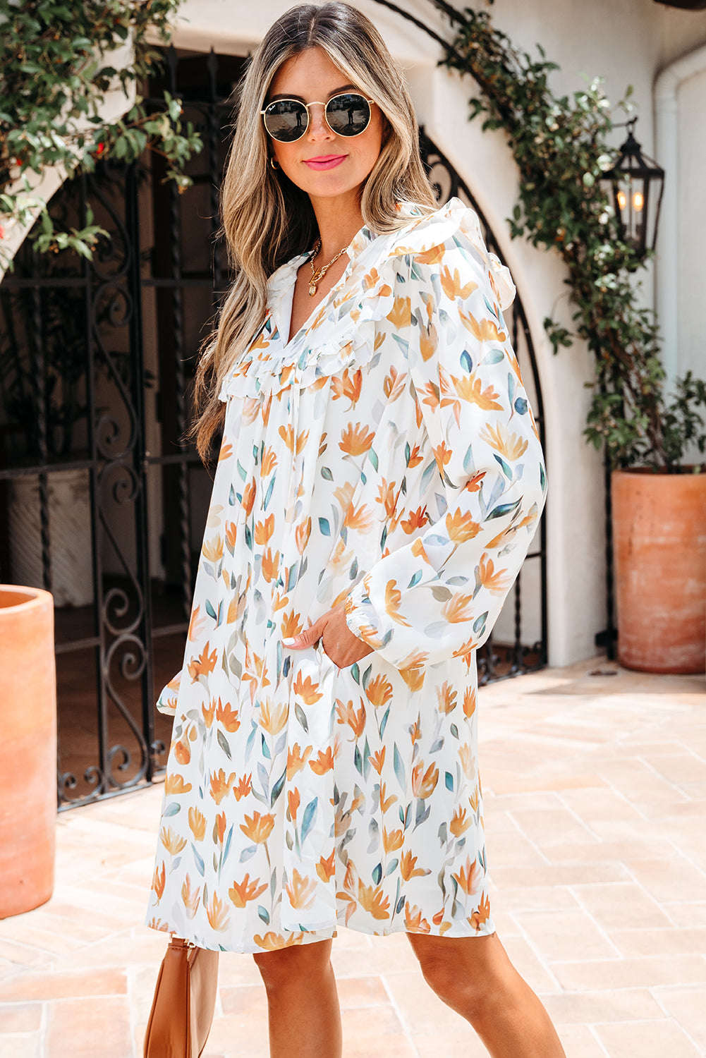 Floral Tied V-Neck Long Sleeve Mini Dress