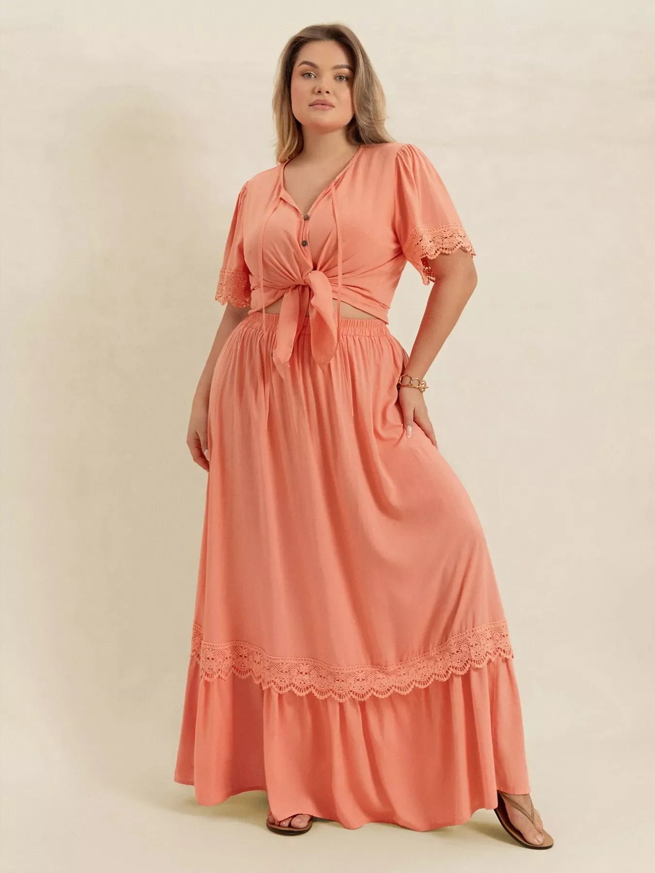 Lace Detail Tie Neck Top and Skirt Set