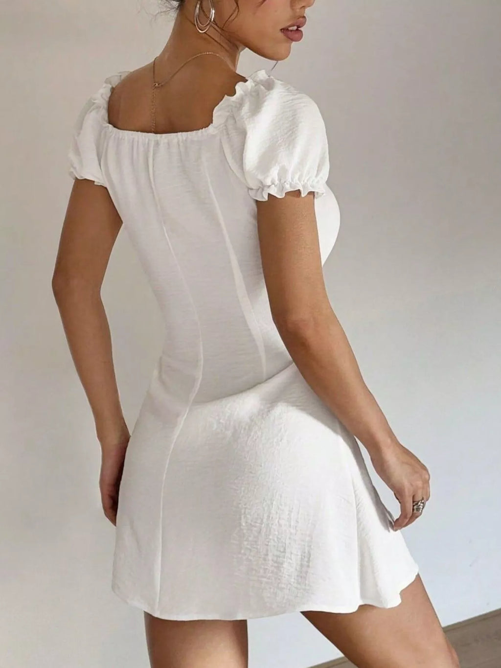 Ruched Button-Front Puff Sleeve Mini Dress