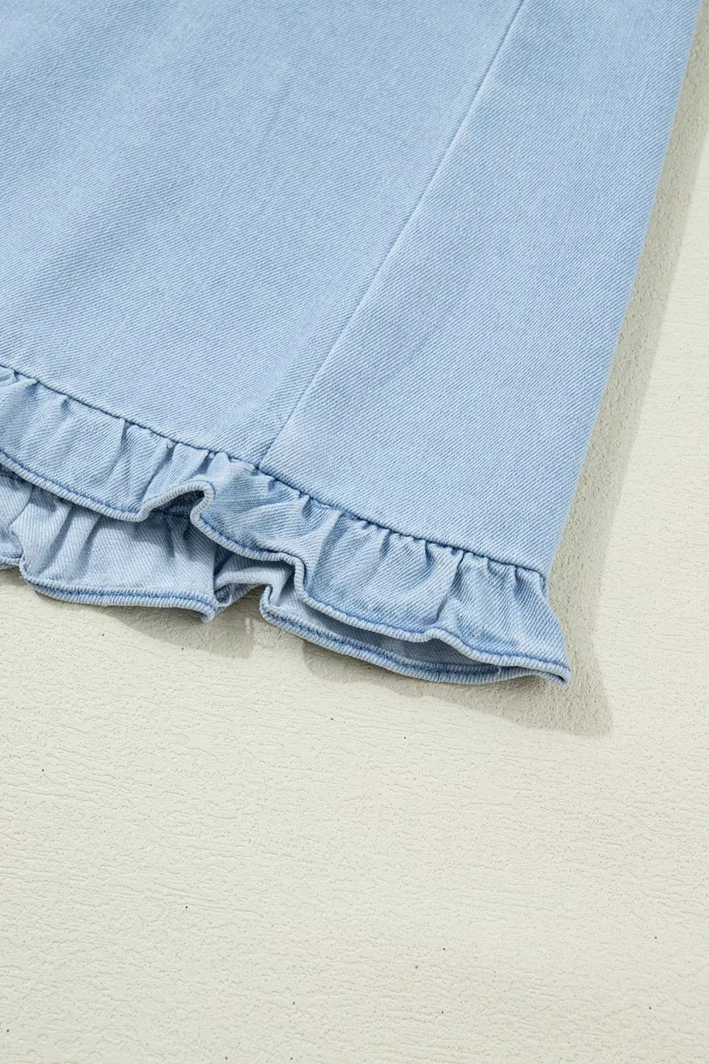 Ruffled Edge Collared Shift Denim Dress with Pockets