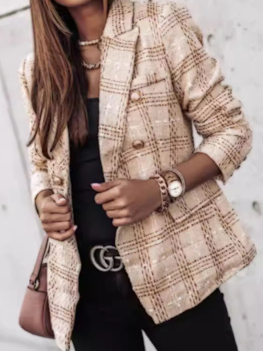Full Size Plaid Tweed Double-Breasted Blazer Plus Size
