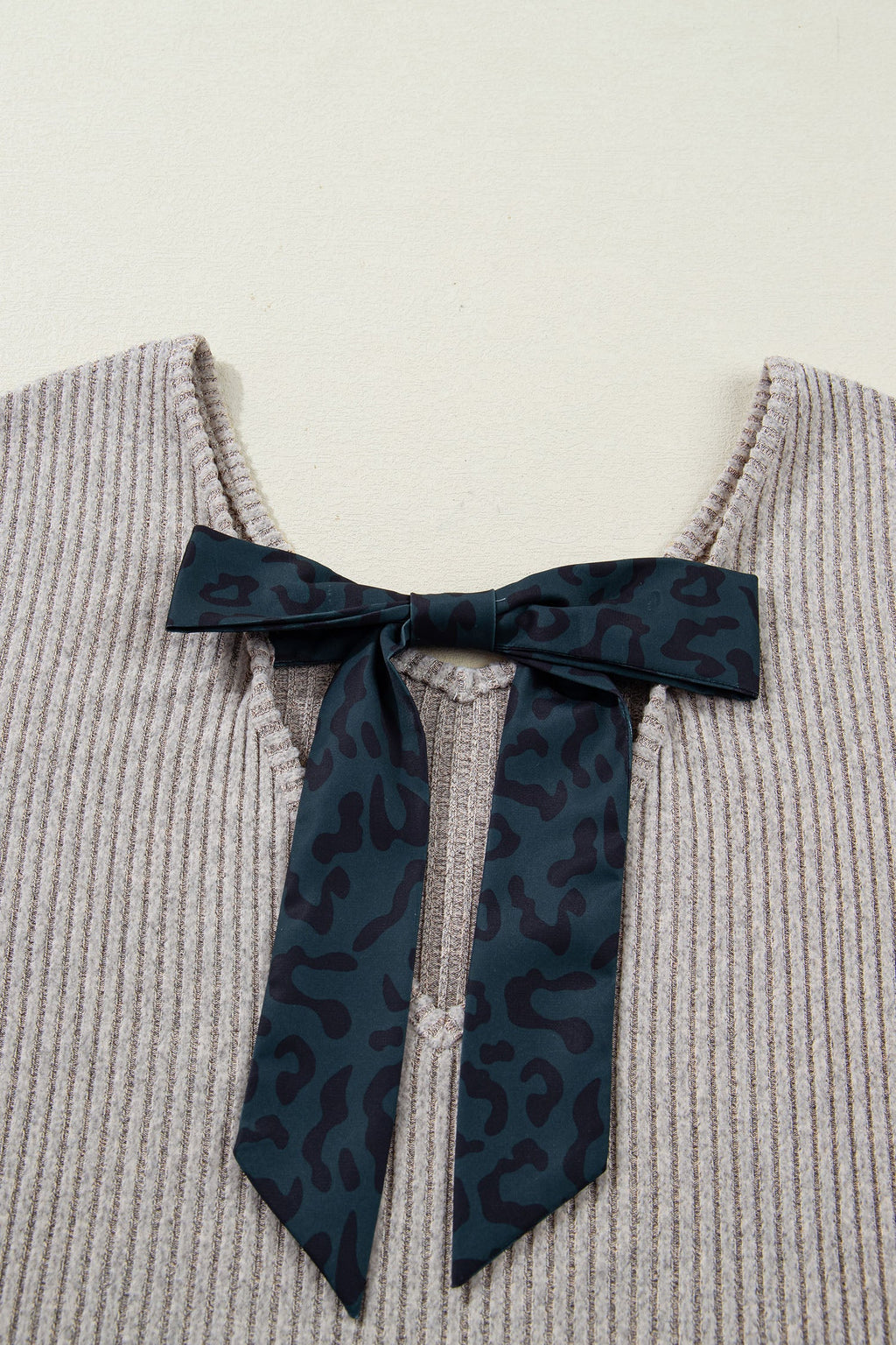 Leopard Bow Back Ribbed Knit Long Sleeve Top