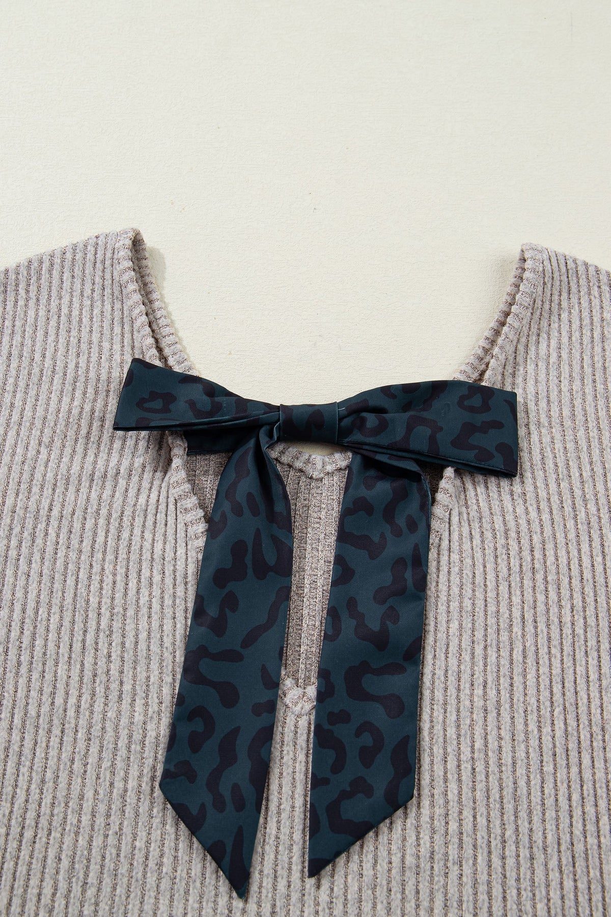 Leopard Bow Back Ribbed Knit Long Sleeve Top