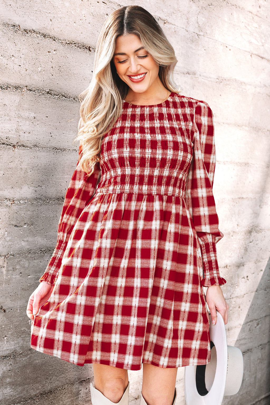 Red Plaid Print Smocked Puff Sleeve Mini Dress