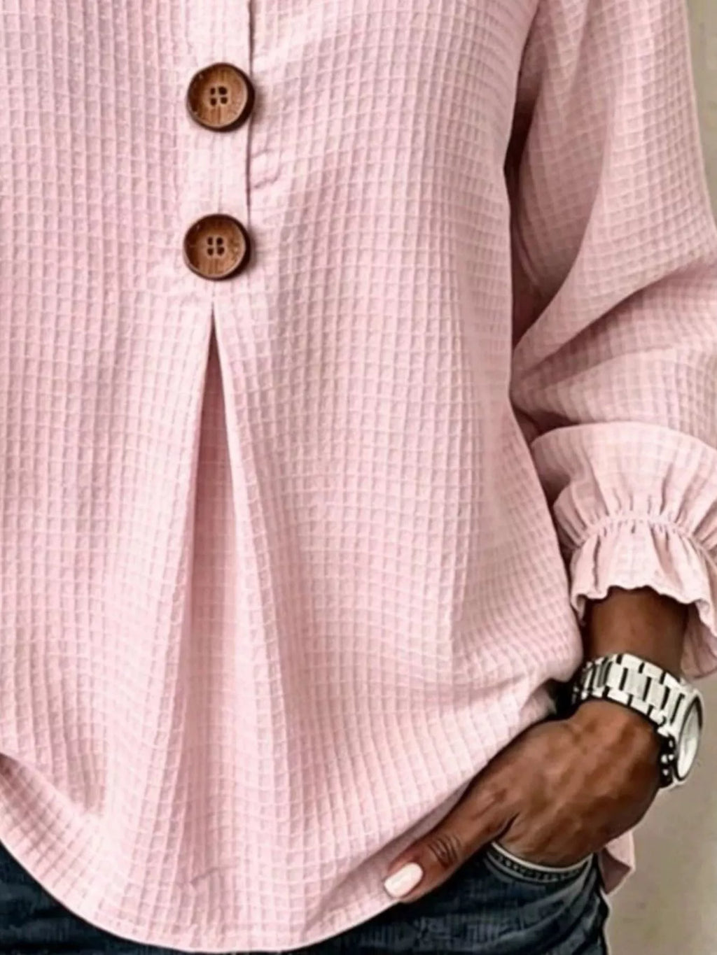 Full Size Waffle Knit Flounce Sleeve Blouse Plus Size