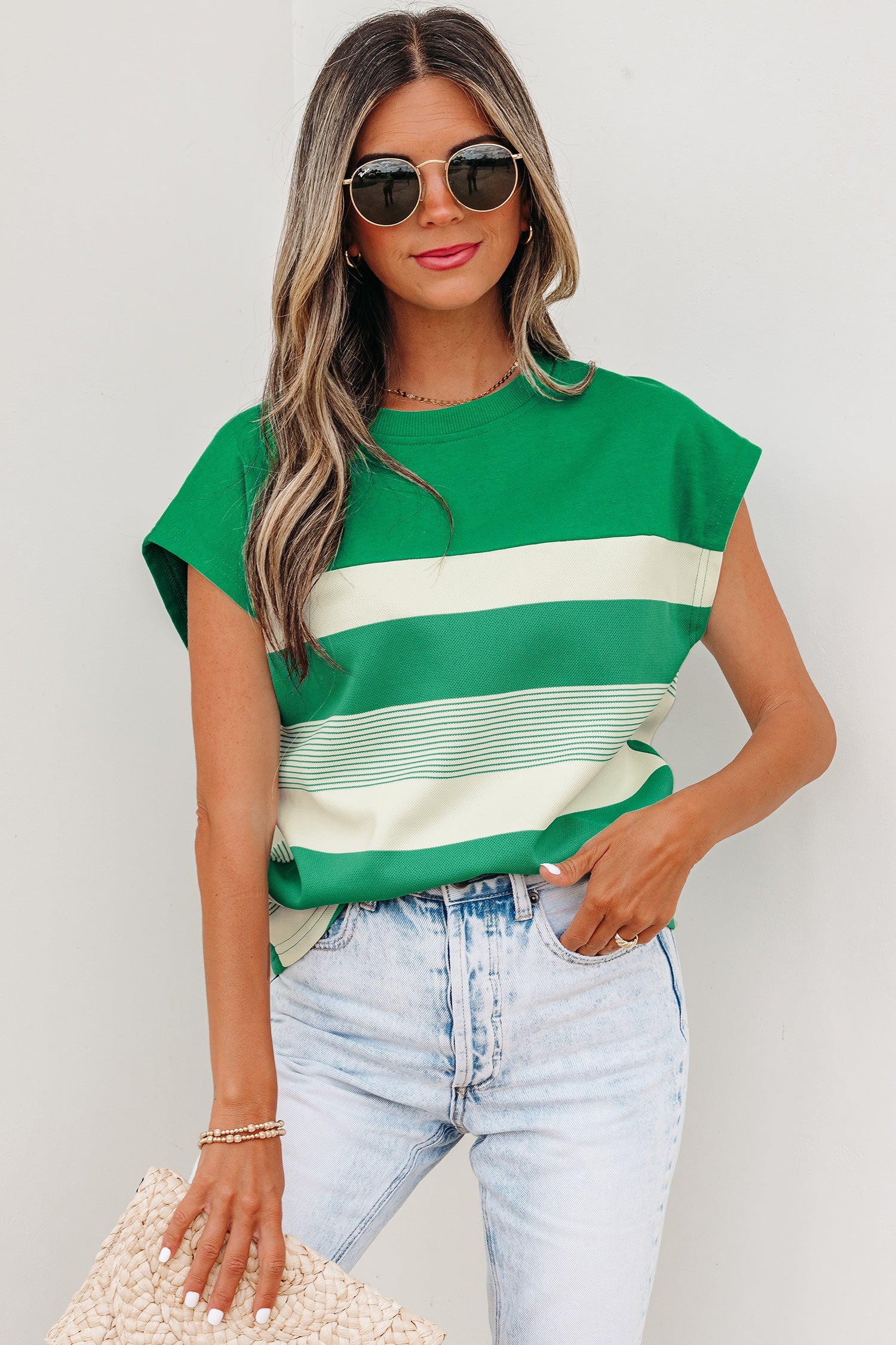 Green Stripe Mixed Print Crew Neck Cap Sleeve T Shirt