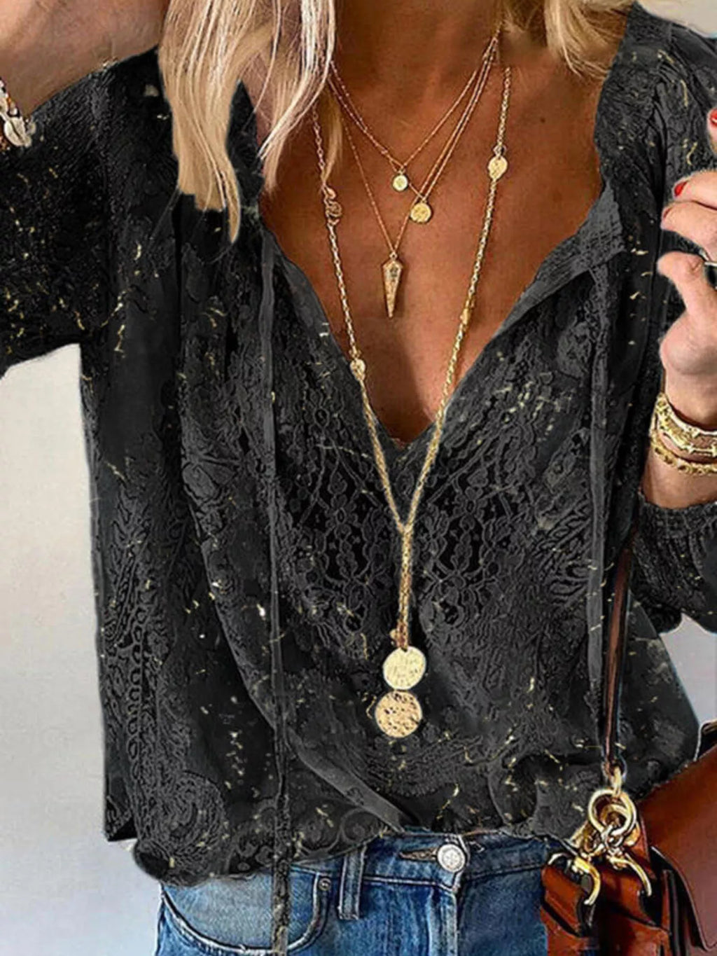 Lace Tie Neck Long Sleeve Blouse