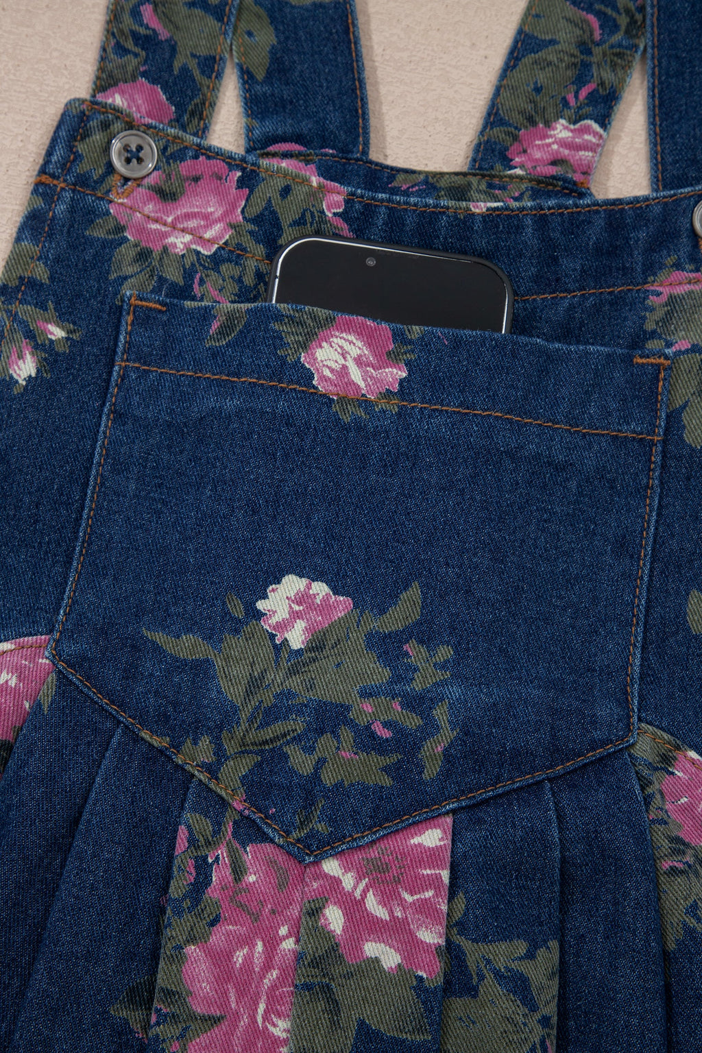 Blue Beau Floral Print Pleated High Waist Wide Leg Denim Jumpsuit