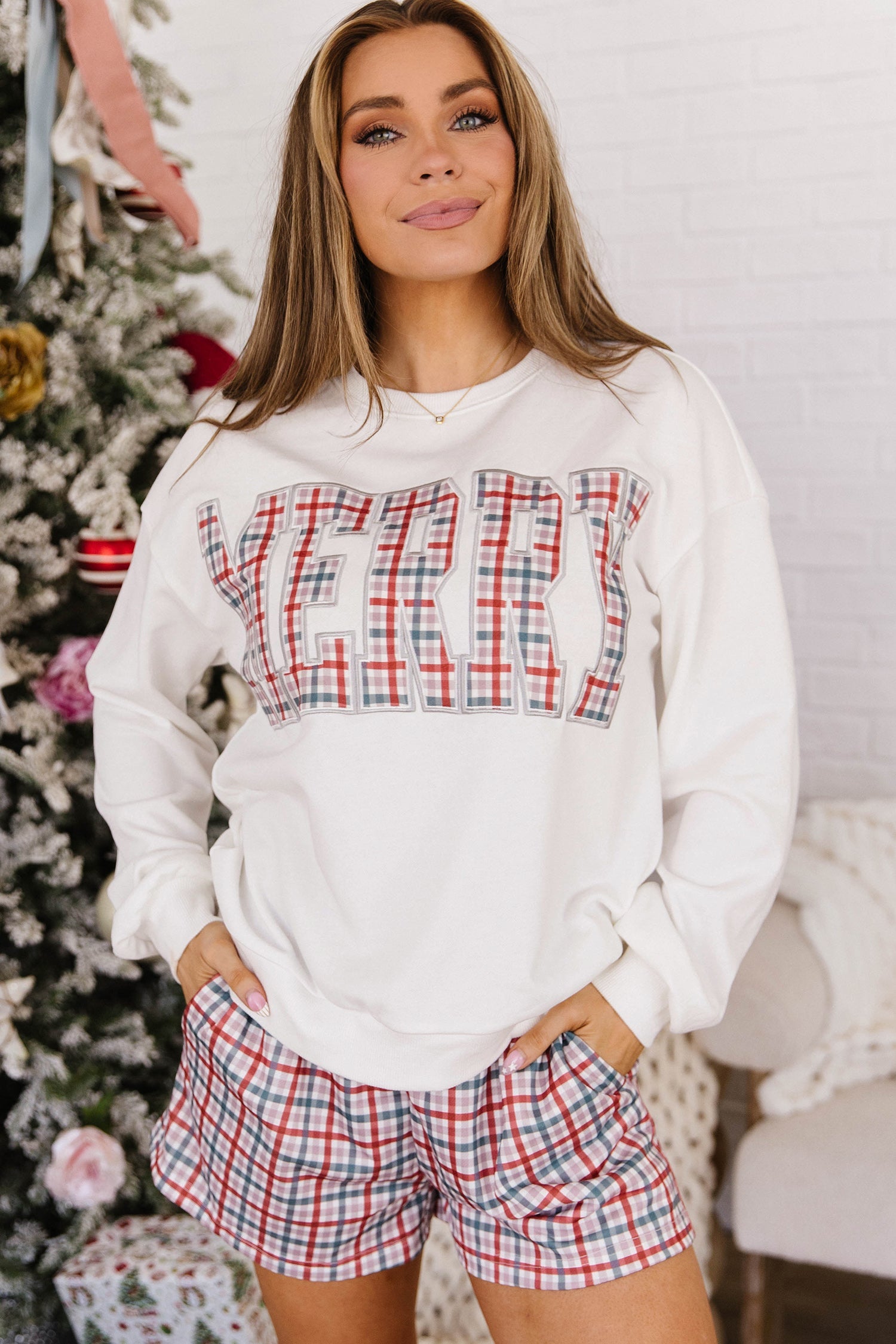 Multicolour Plaid MERRY Holiday Long Sleeve Top and Shorts Set