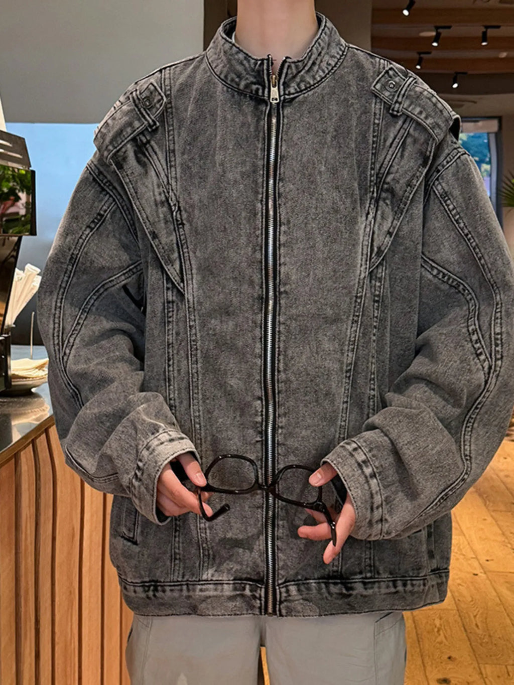Men's Plus Size Zip Up Long Sleeve Denim Jacket