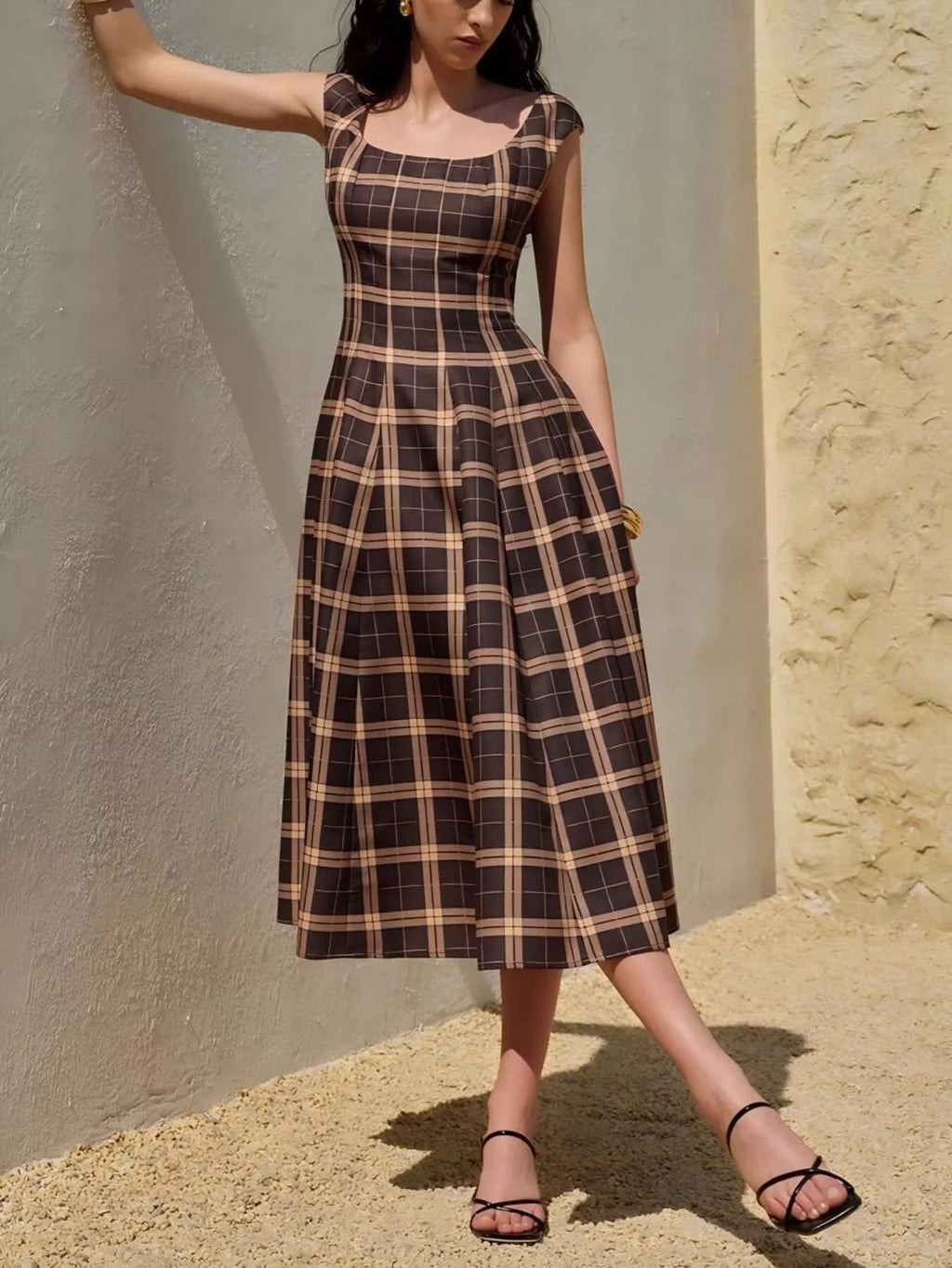 Square Neck Plaid Midi Dress