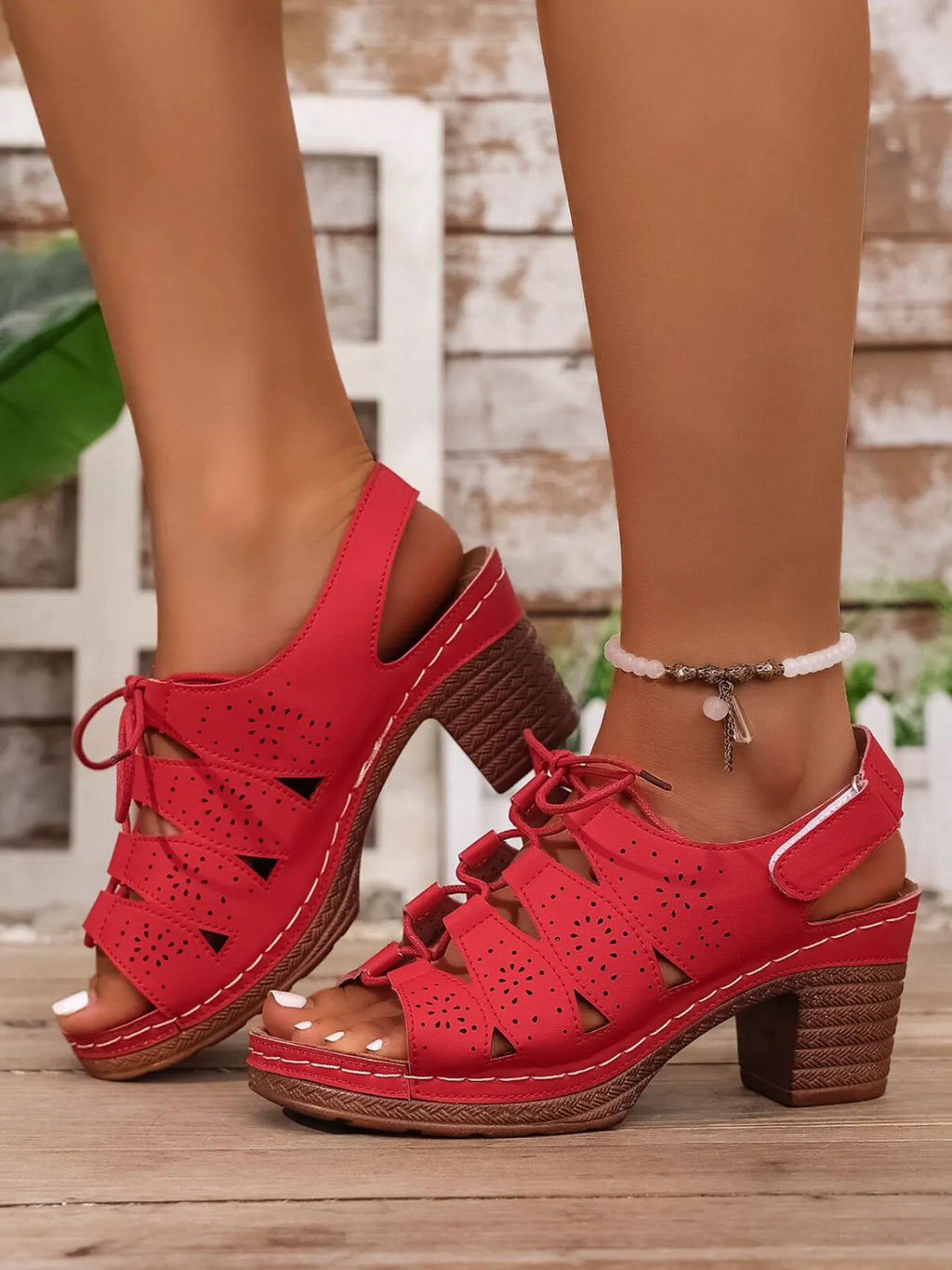 Lace-Up Chunky Heel Eyelet Sandals