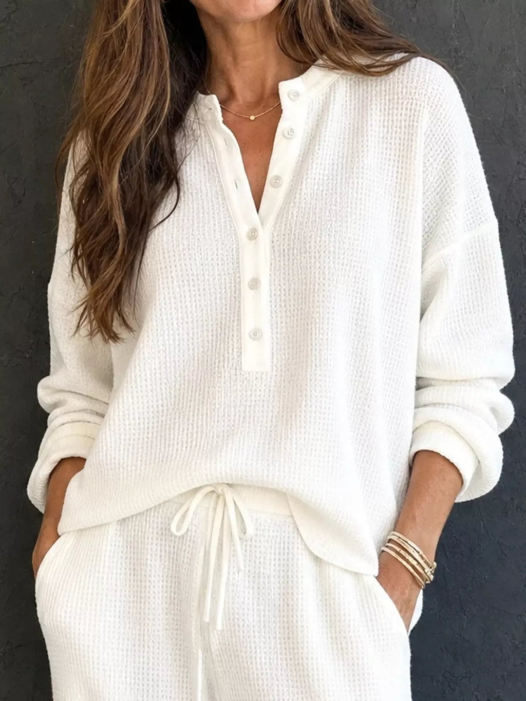Waffle Knit Button Detail Top and Pants Set