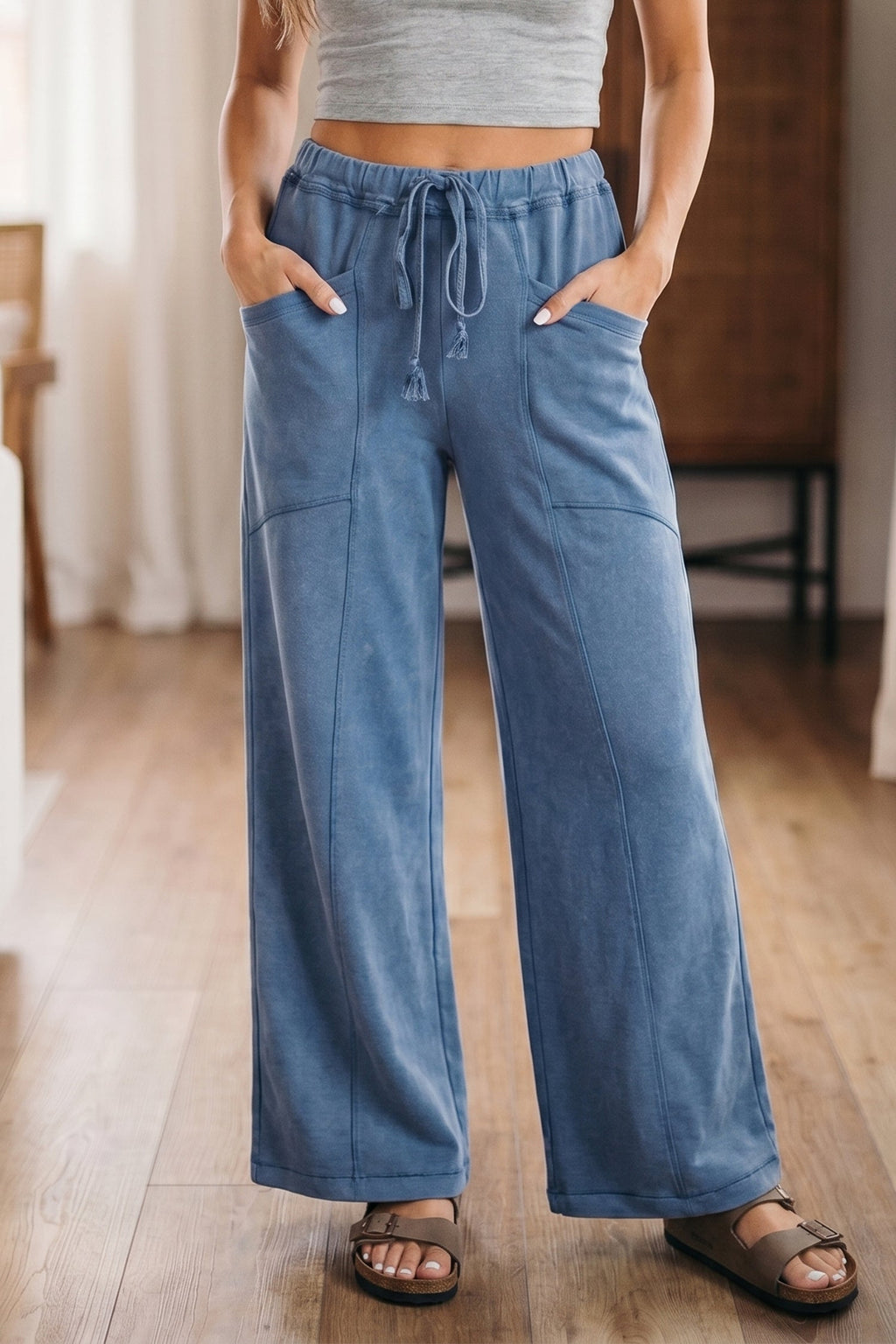 Ashleigh Blue Mineral Wash Drawstring Retro High Waist Wide Leg Western Pants