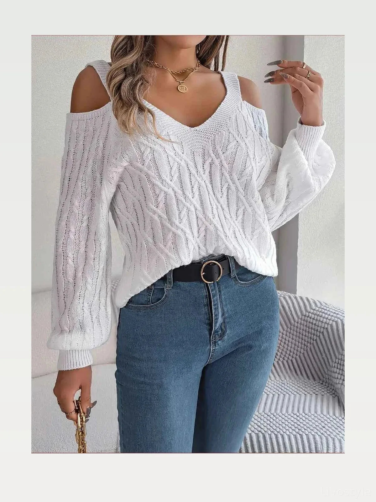 Cable-Knit Cold Shoulder V-Neck Long Sleeve Sweater