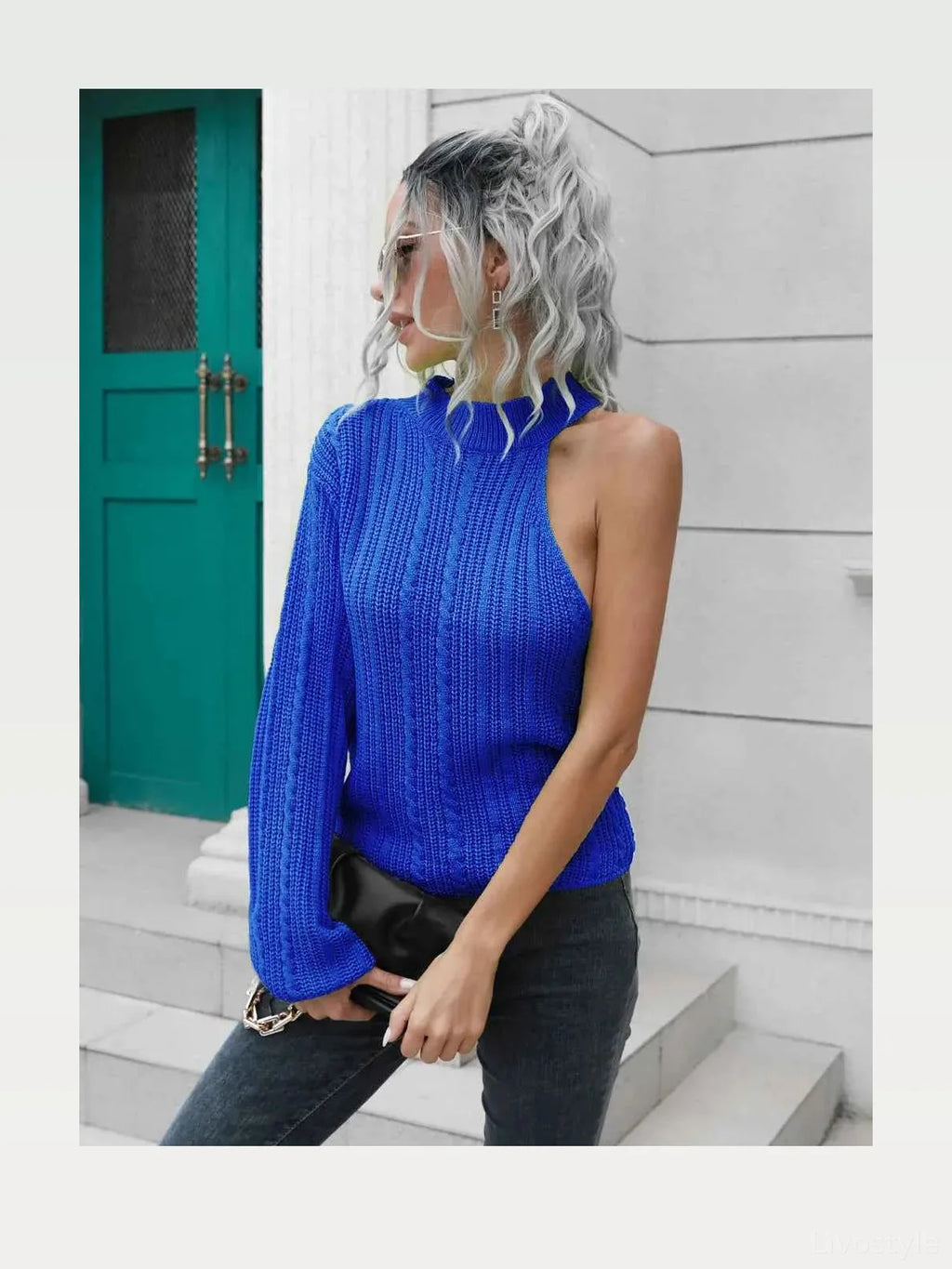 Cable-Knit Asymmetrical One-Shoulder High Neck Sweater