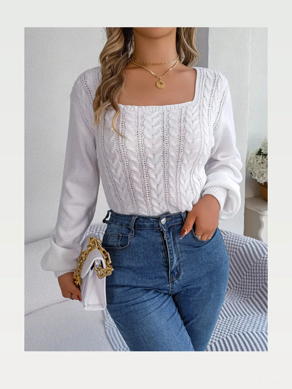 Cable-Knit Square Neck Long Sleeve Sweater