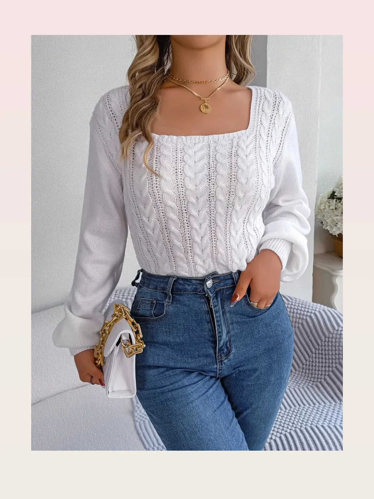 Cable-Knit Square Neck Long Sleeve Sweater
