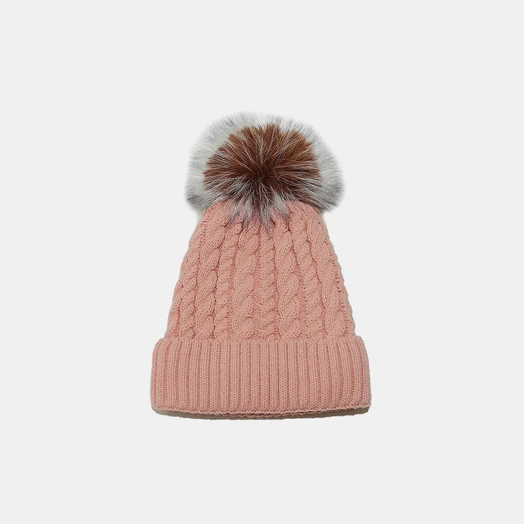 Cable Knit Winter Beanie with Fur Pompom