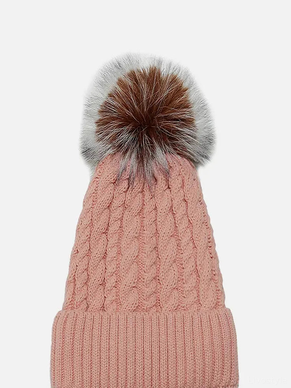 Cable Knit Winter Beanie with Fur Pompom