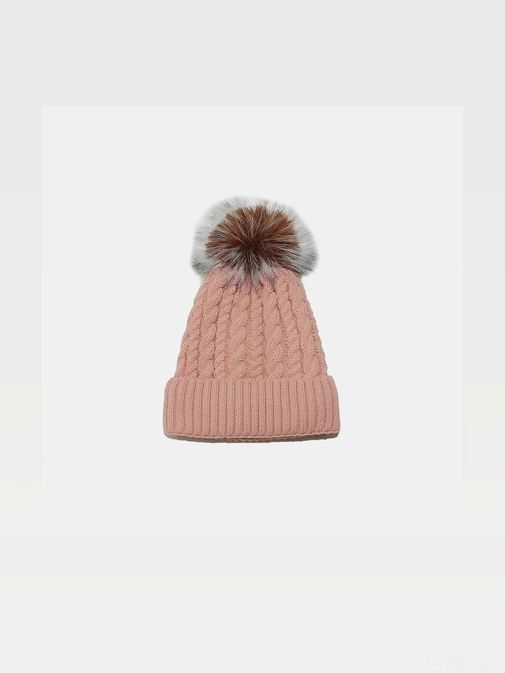 Cable Knit Winter Beanie with Fur Pompom