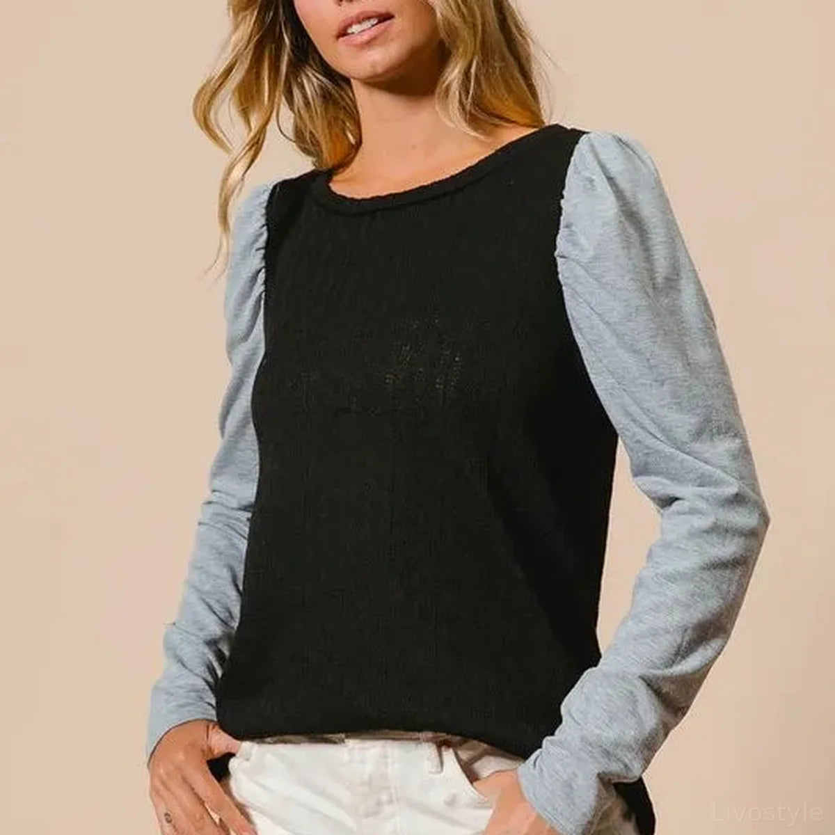 Contrast Puff Sleeve Cable Knit Sweater with Round Neck