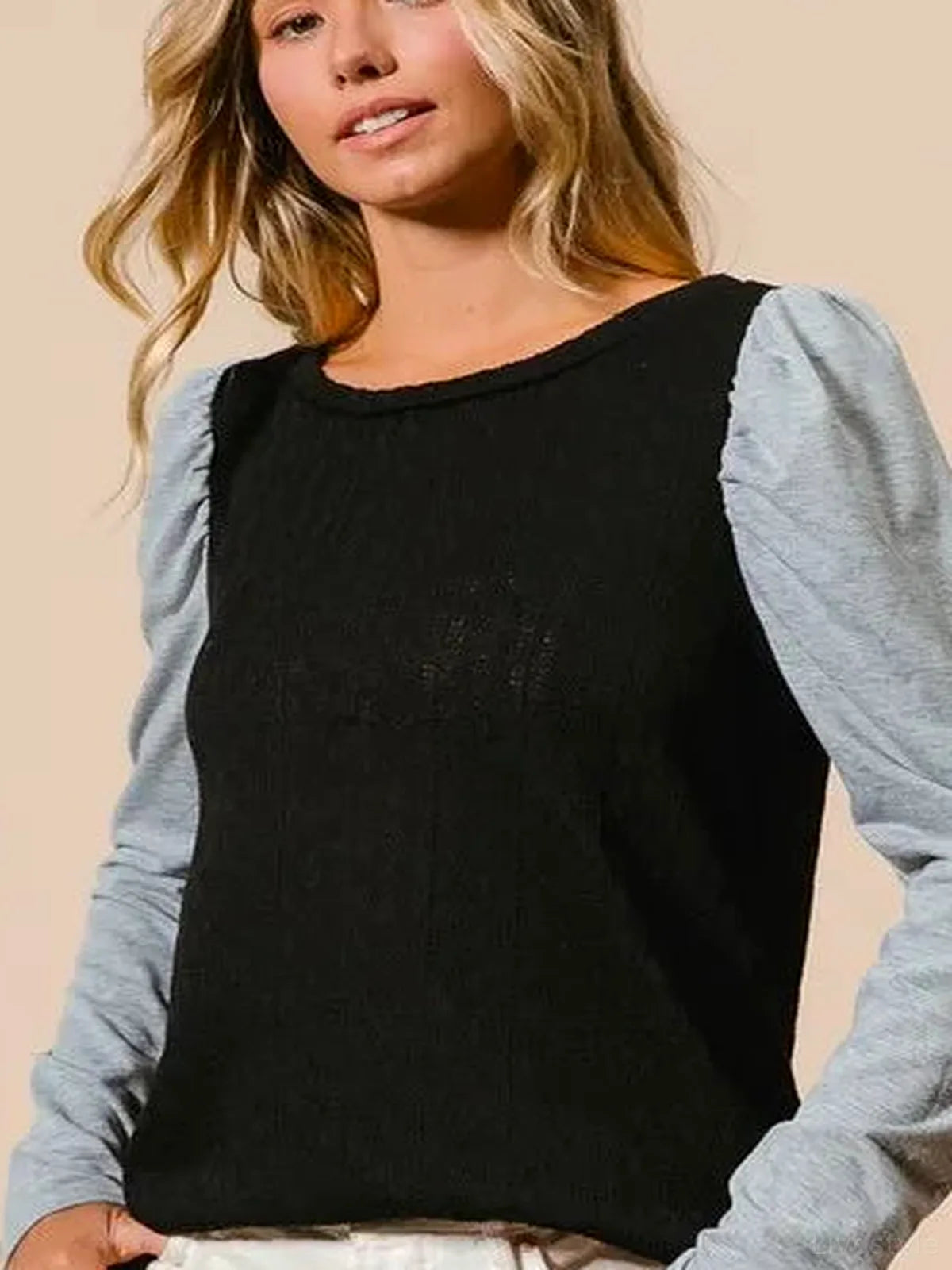 Contrast Puff Sleeve Cable Knit Sweater with Round Neck