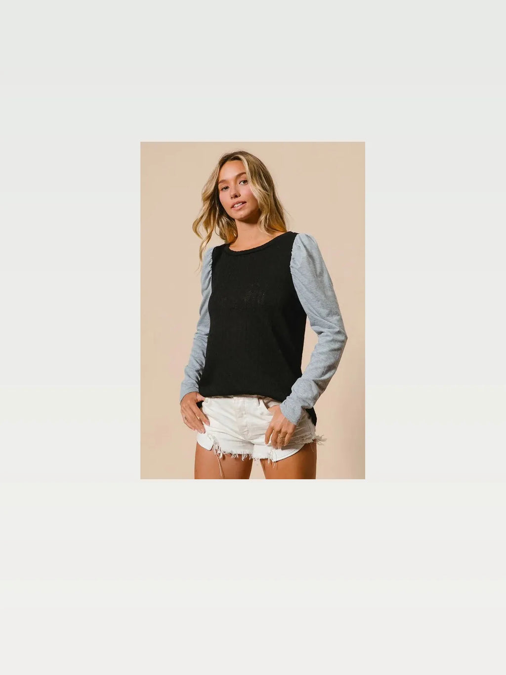 Contrast Puff Sleeve Cable Knit Sweater with Round Neck