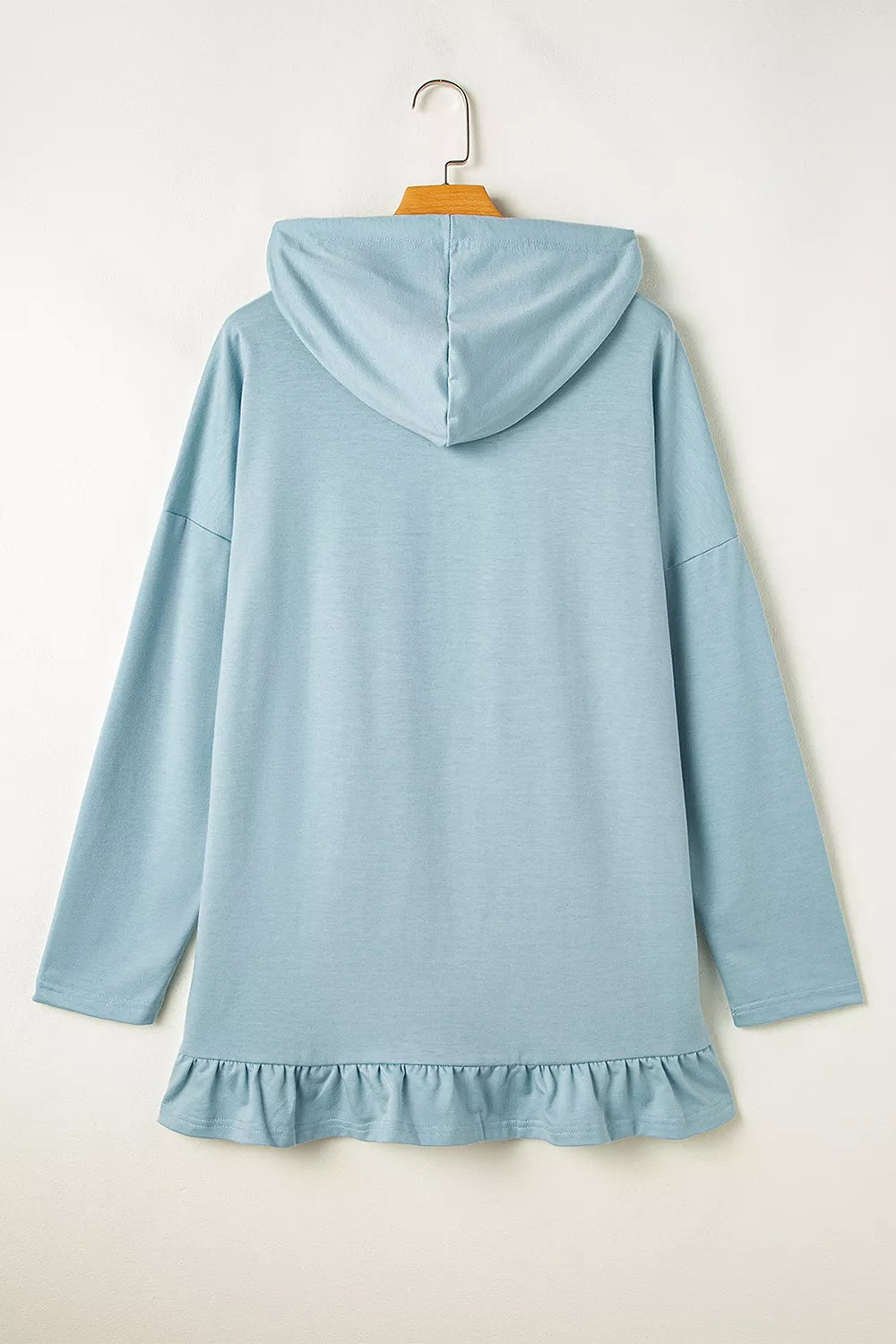 Solid Ruffled Hem Loose Fit Tunic Hoodie